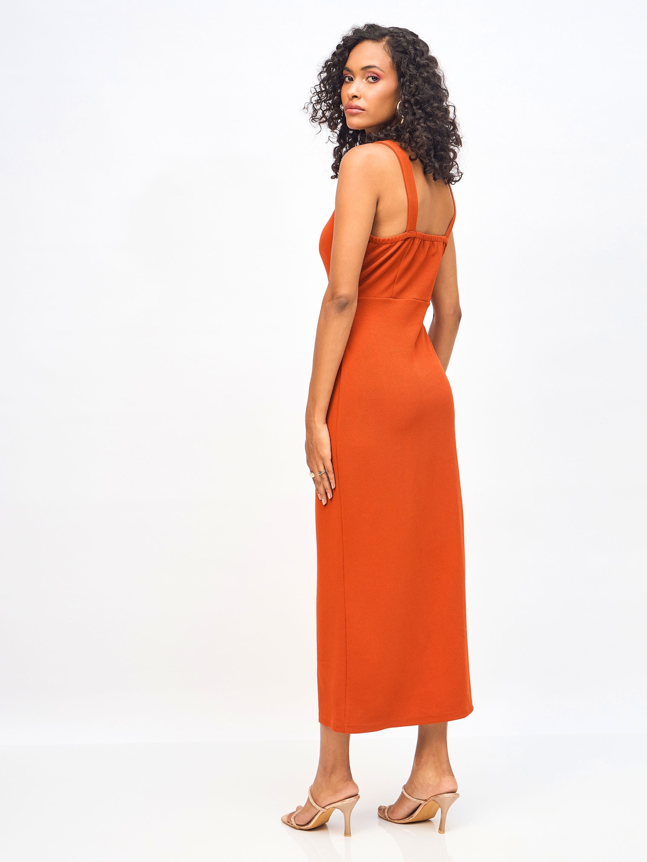 Women Rust Waist Cut Out Bodycon Dress