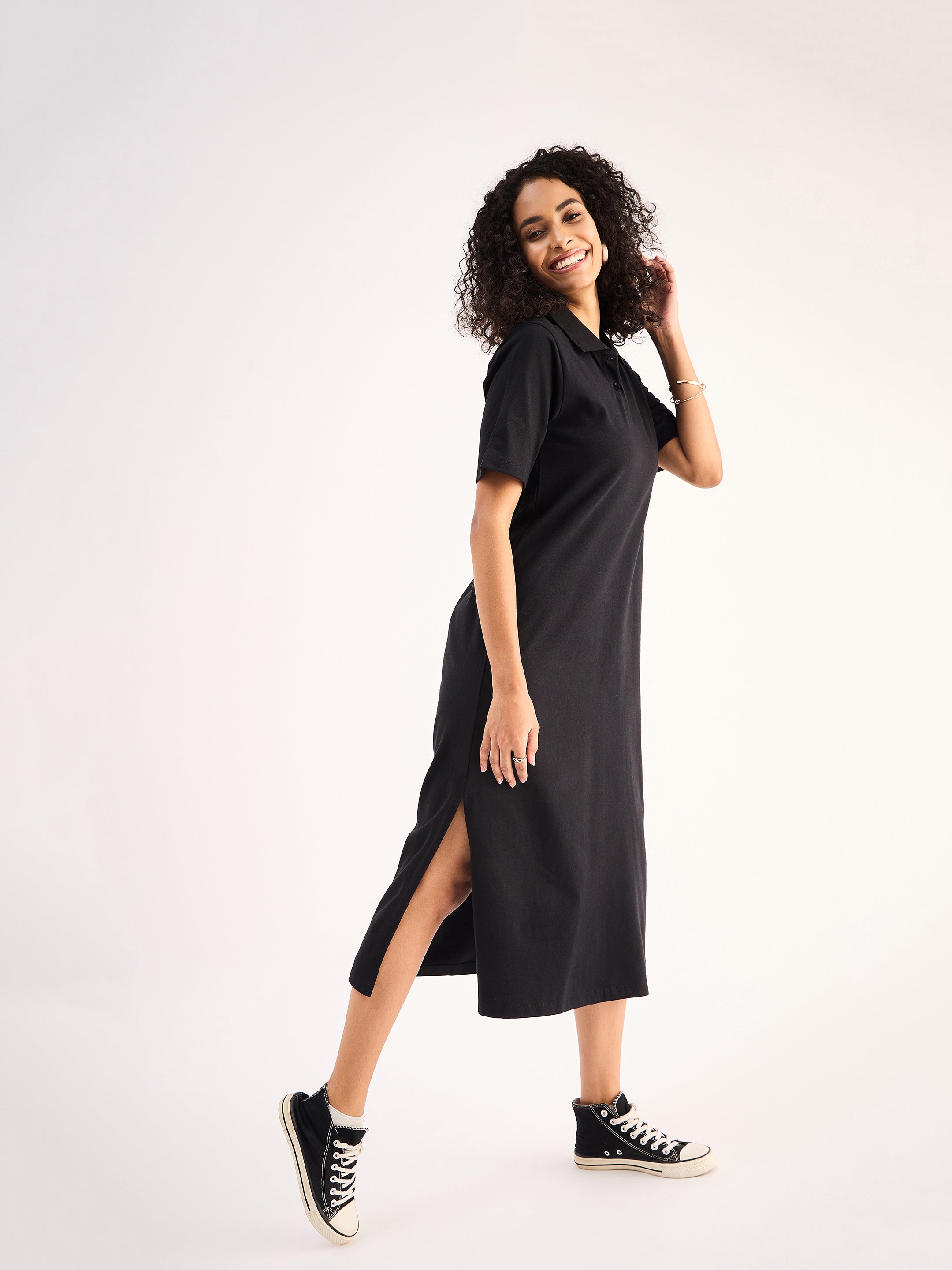 Women Black Oversized Collar T-Shirt Dress