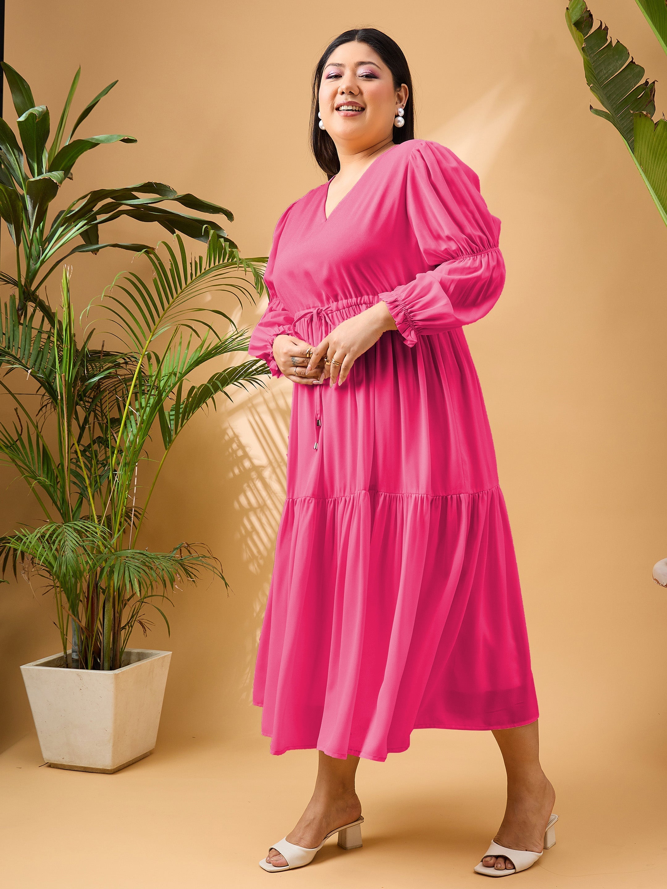 Women Fuchsia Solid Front Dori Tiered Midi Dress