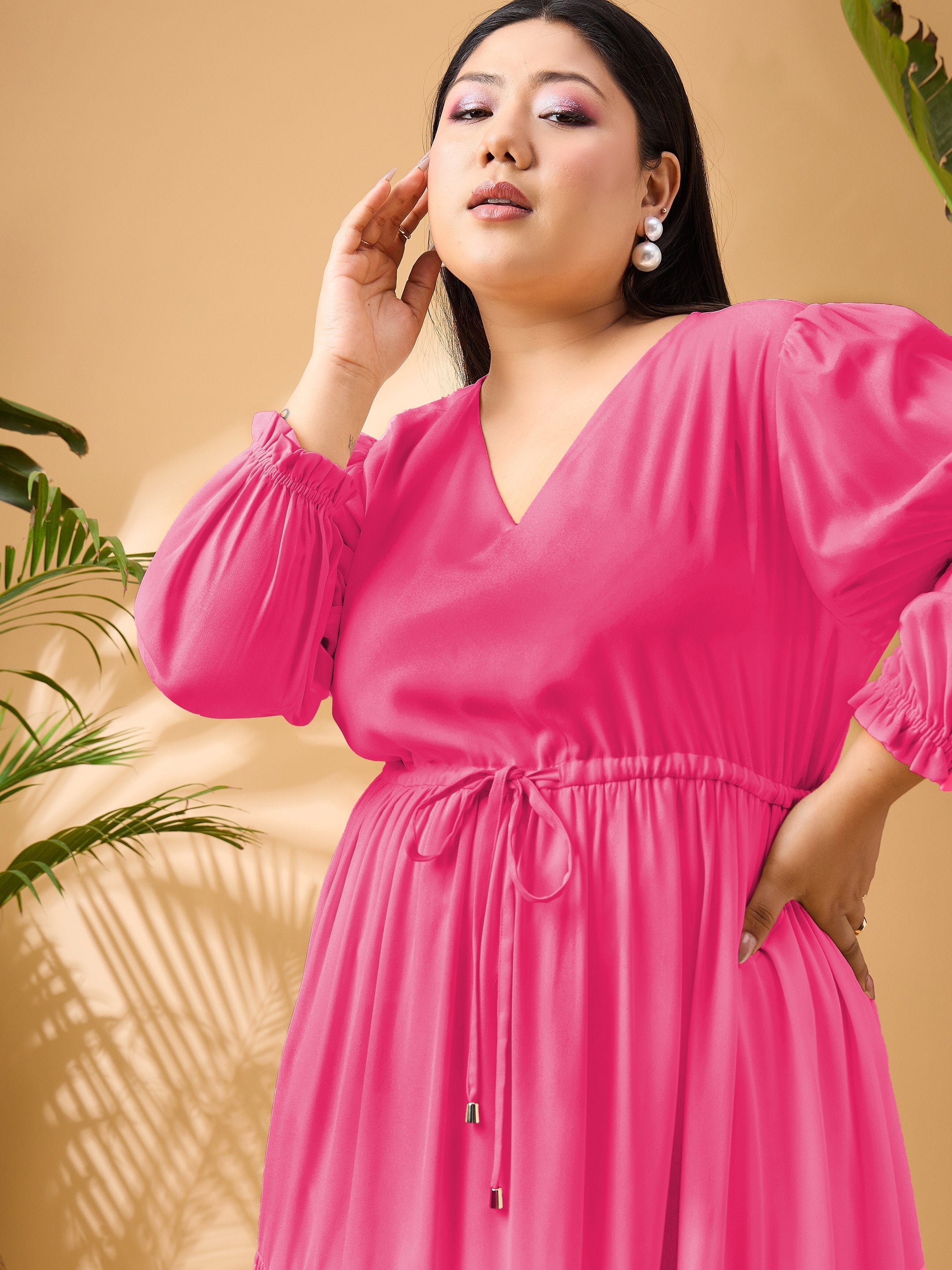 Women Fuchsia Solid Front Dori Tiered Midi Dress