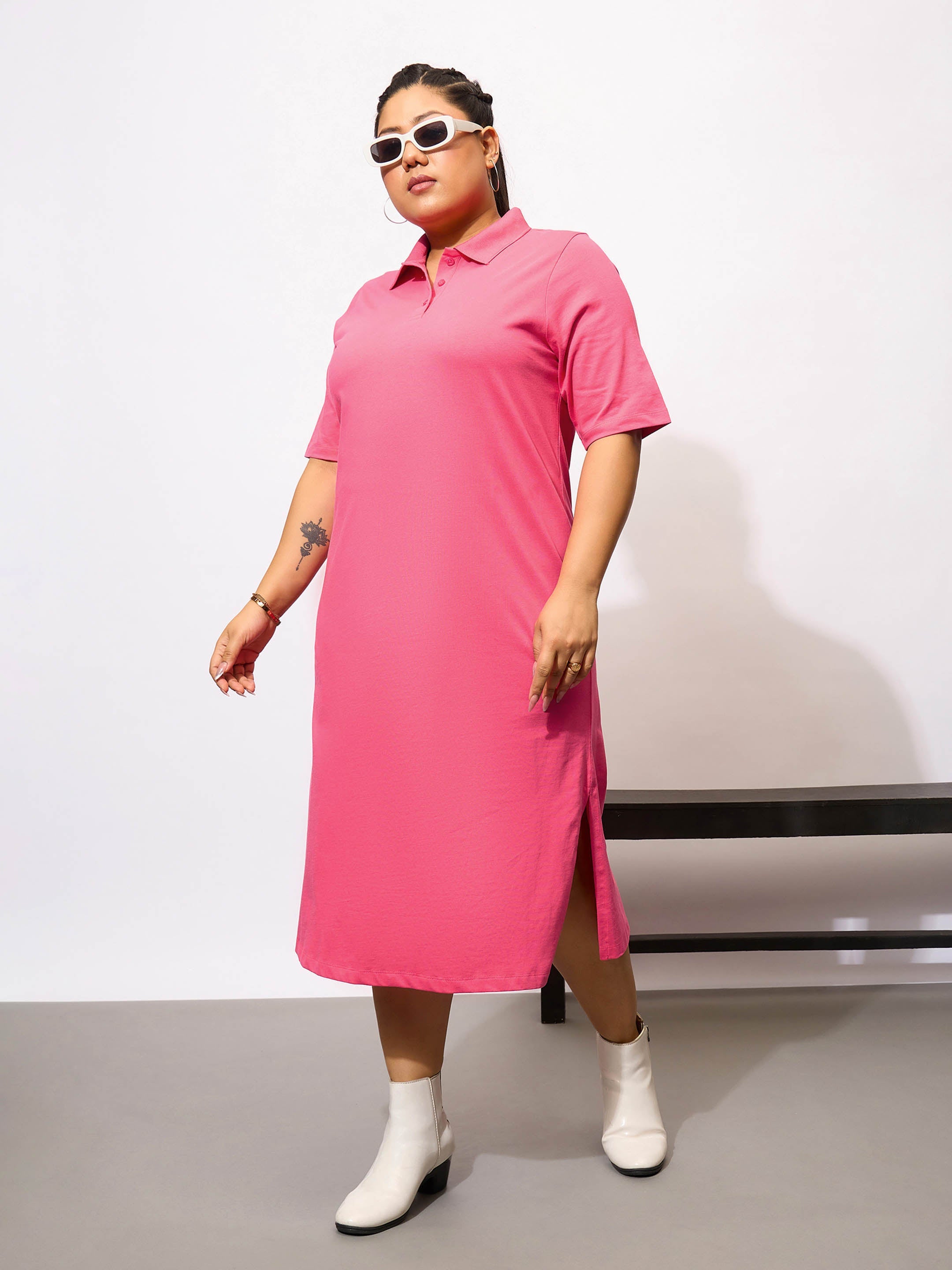 Women Fuchsia Polo Neck Detail T Shirt Dress