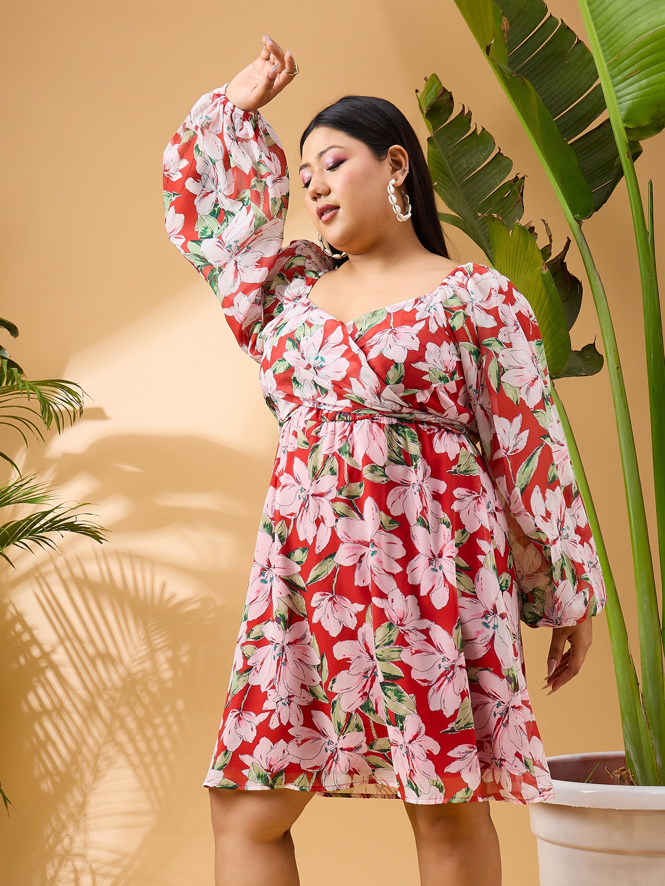 Women Red Floral Sweetheart Neck Skater Dress