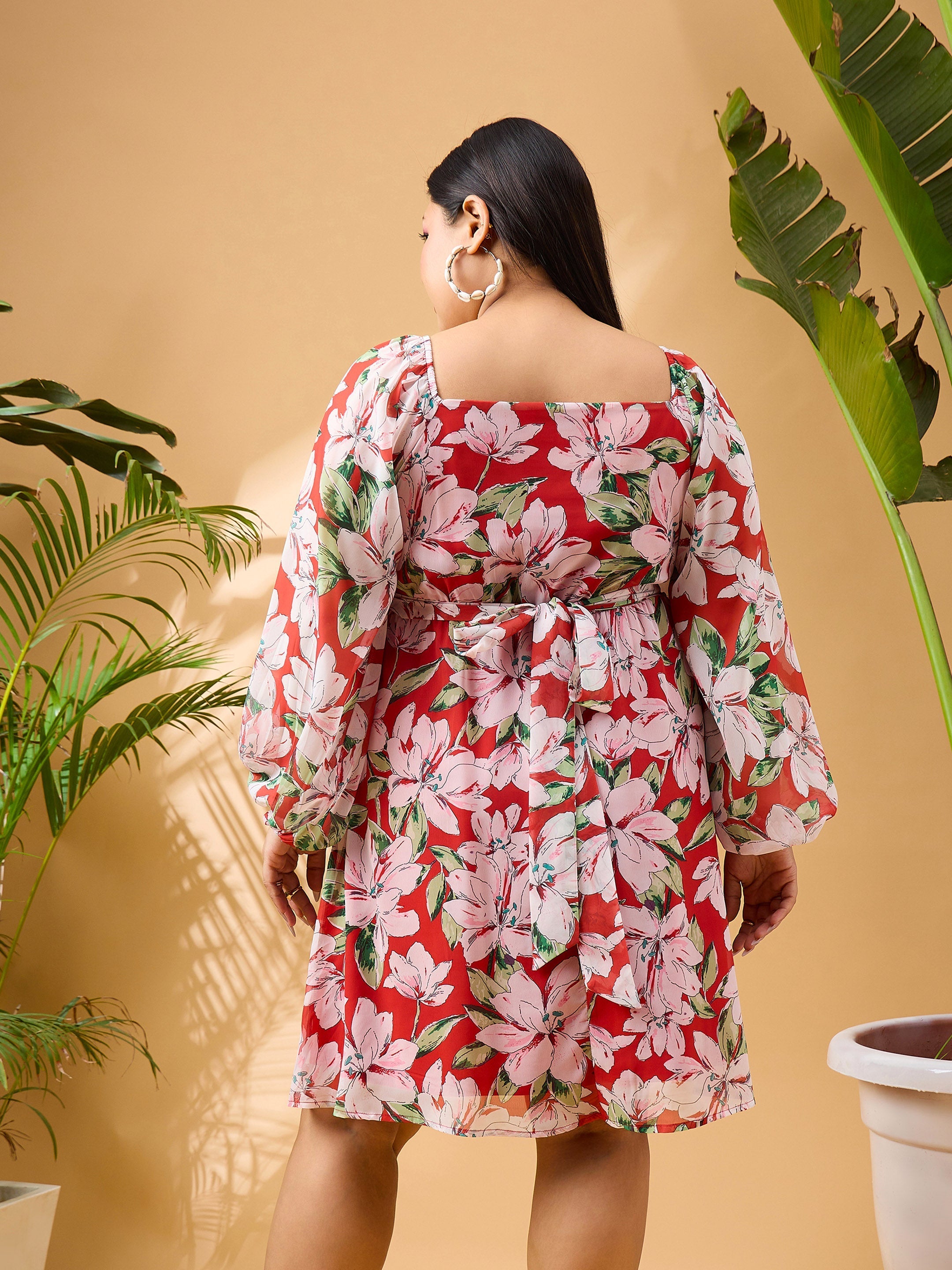 Women Red Floral Sweetheart Neck Skater Dress