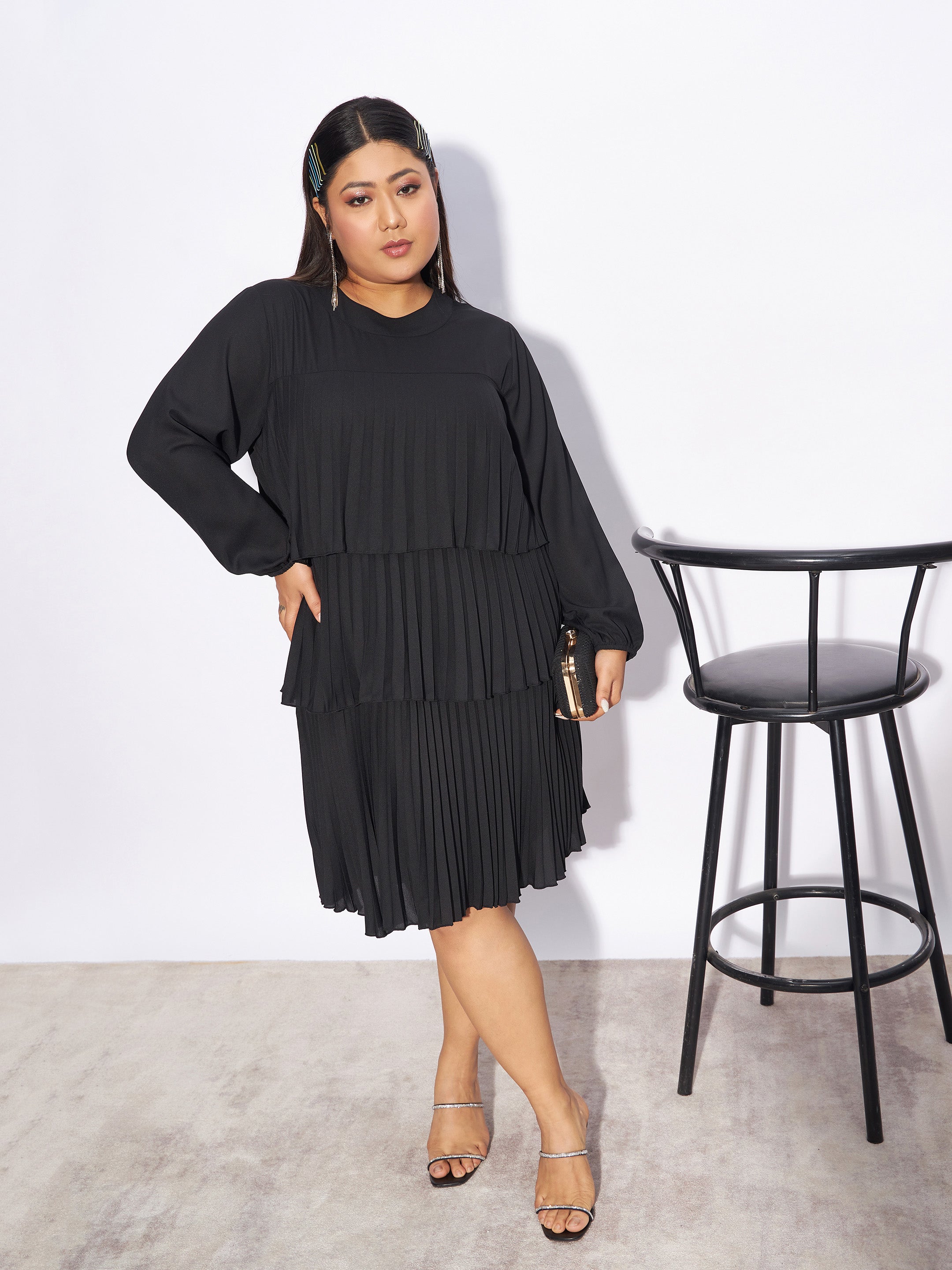 Women Black Pleated Skater Tiered Dress