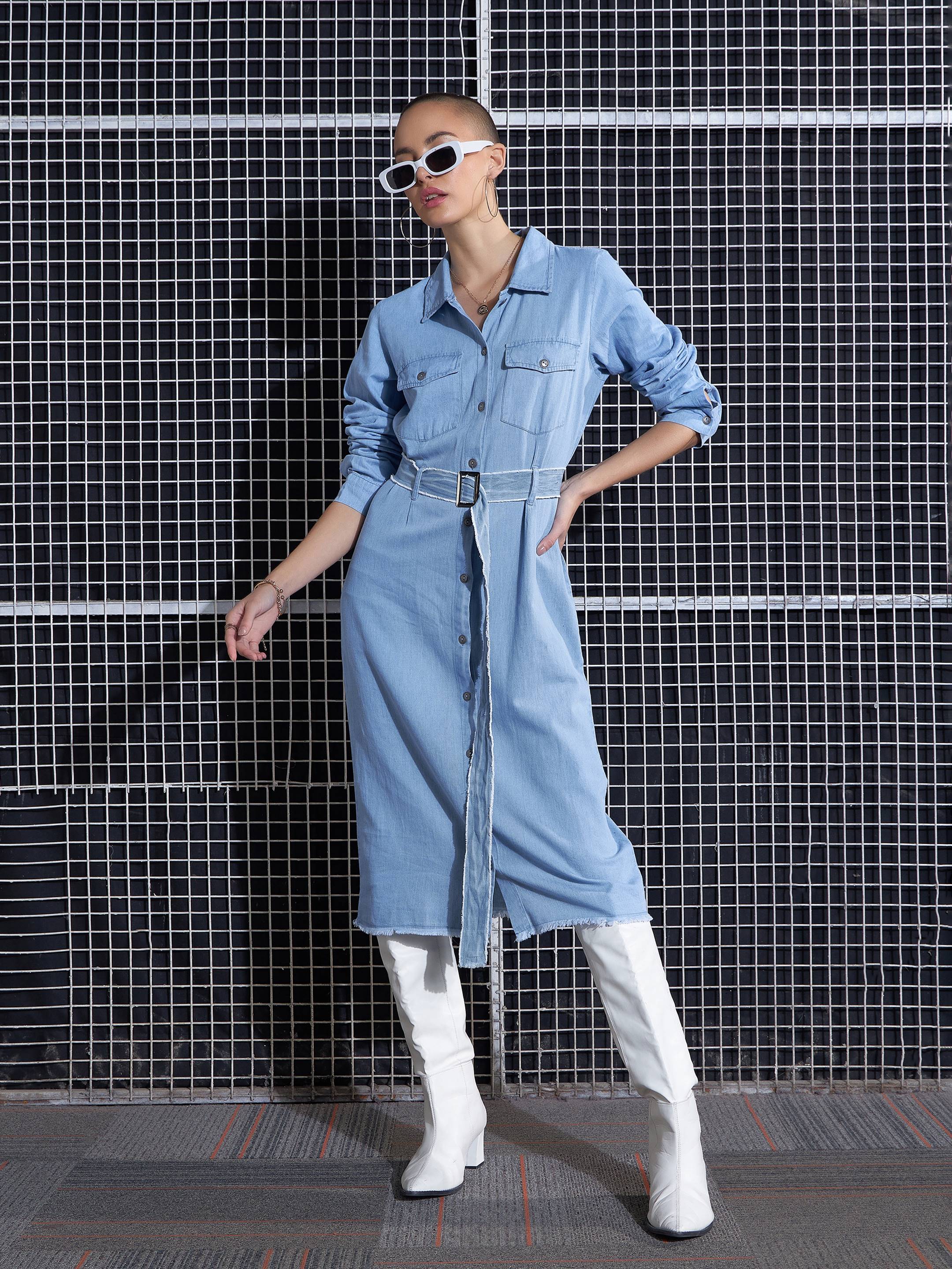 Women Ice Blue Raw Edge Pocket Shirt Dress