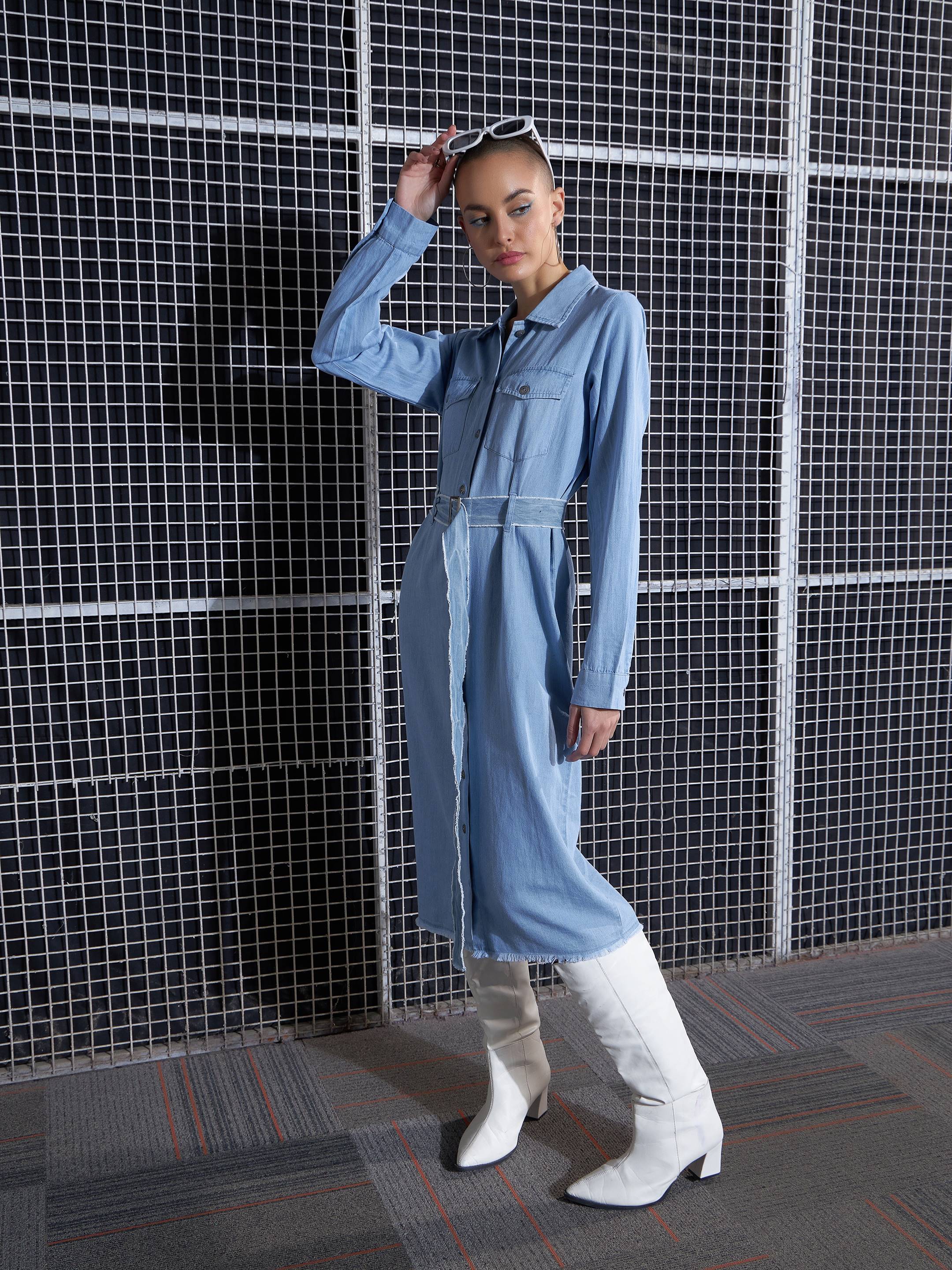 Women Ice Blue Raw Edge Pocket Shirt Dress