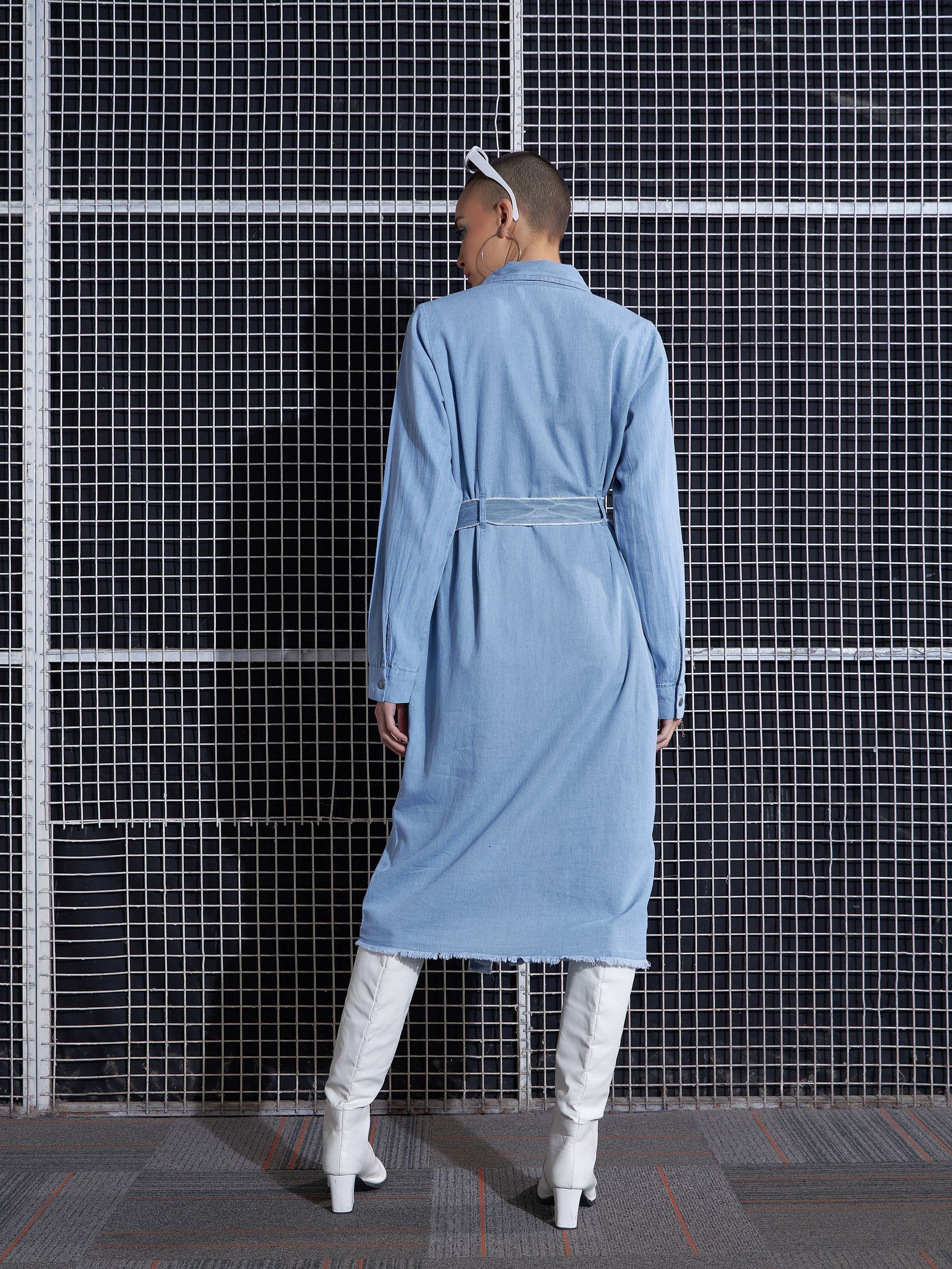 Women Ice Blue Raw Edge Pocket Shirt Dress