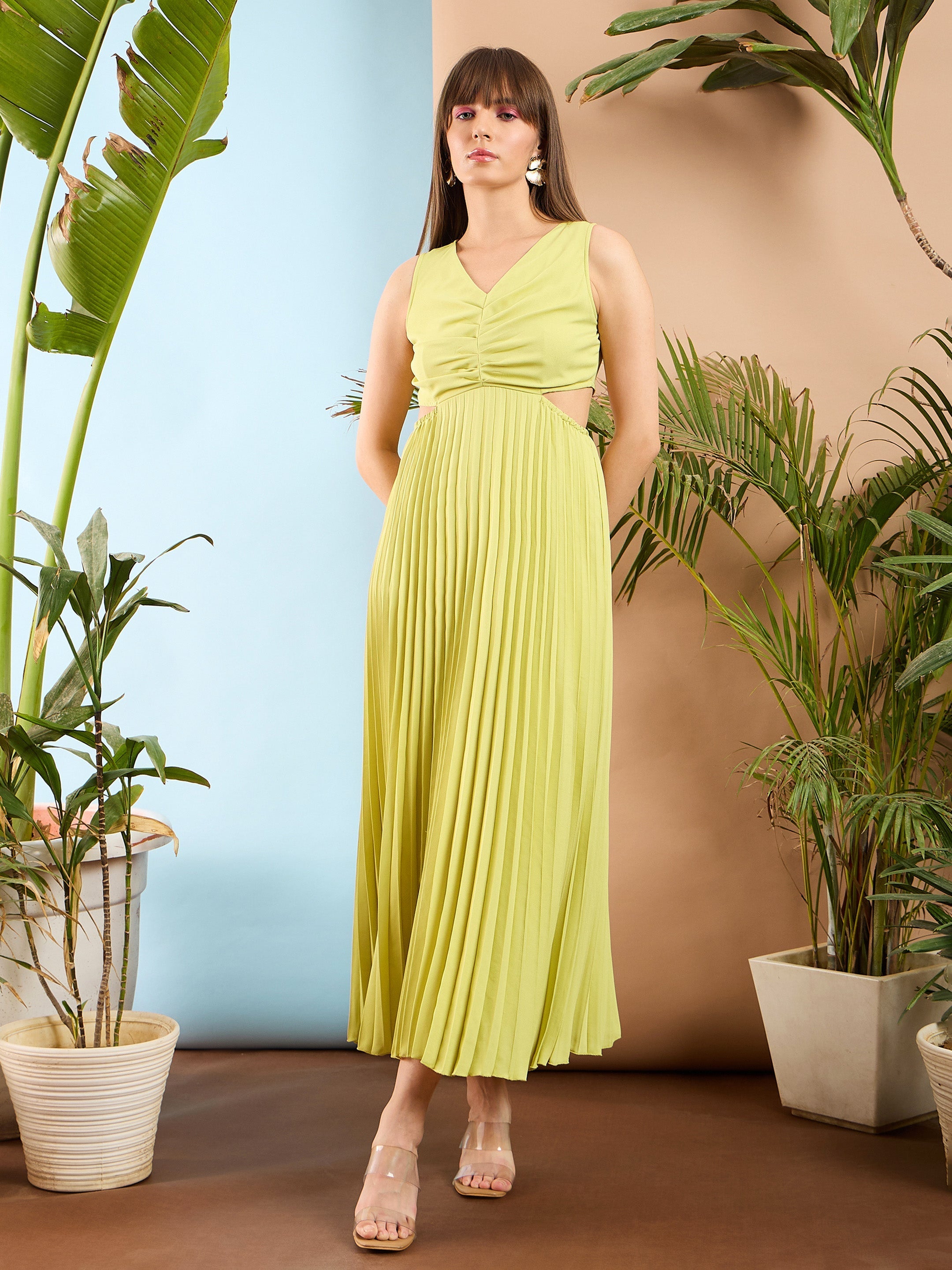 Women Pale Yellow Waist Cut Out Pleated Maxi Dress