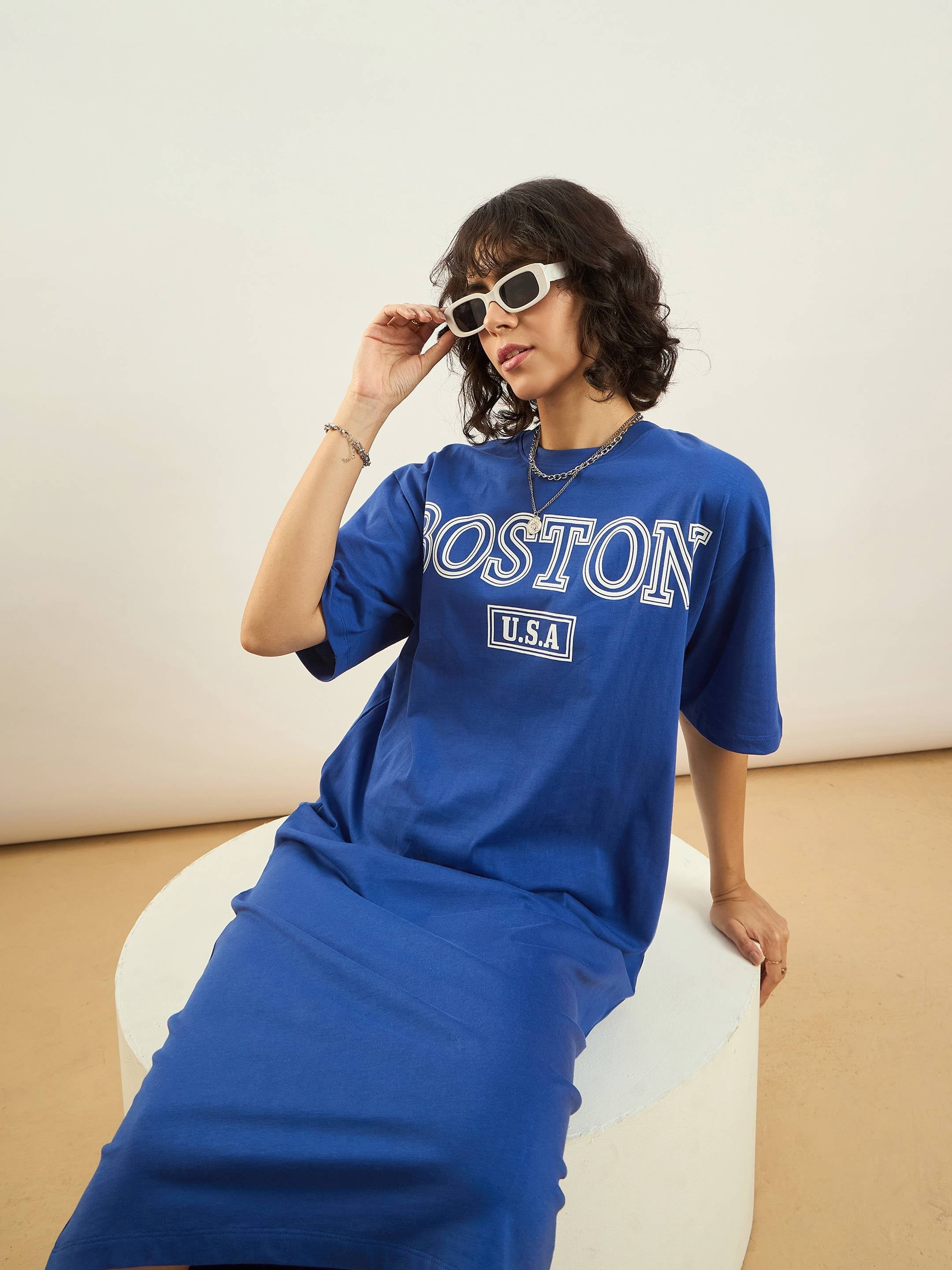 Women Royal Blue BOSTON Printed T-Shirt Dress