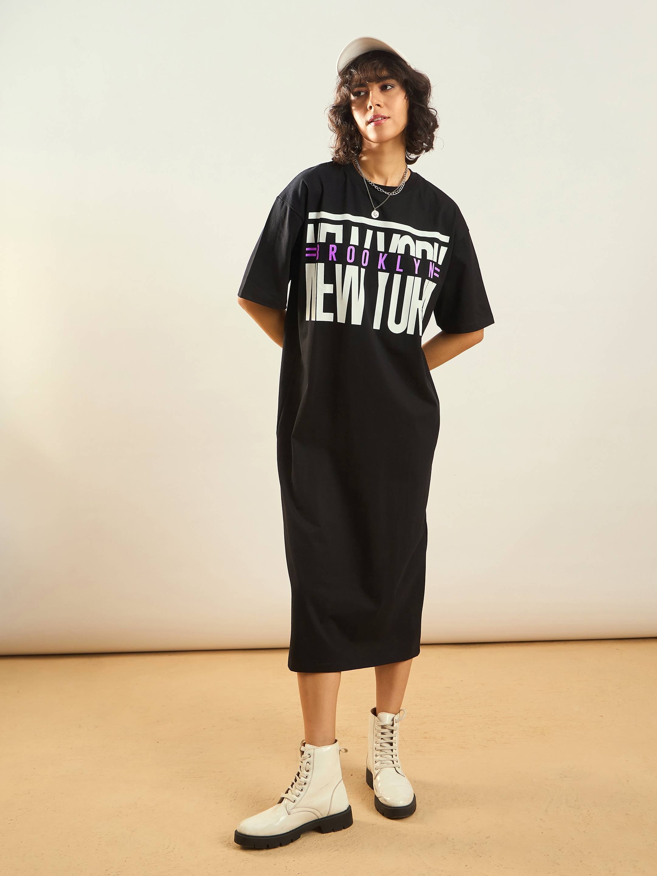 Women Black NEW YORK Printed T-Shirt Dress