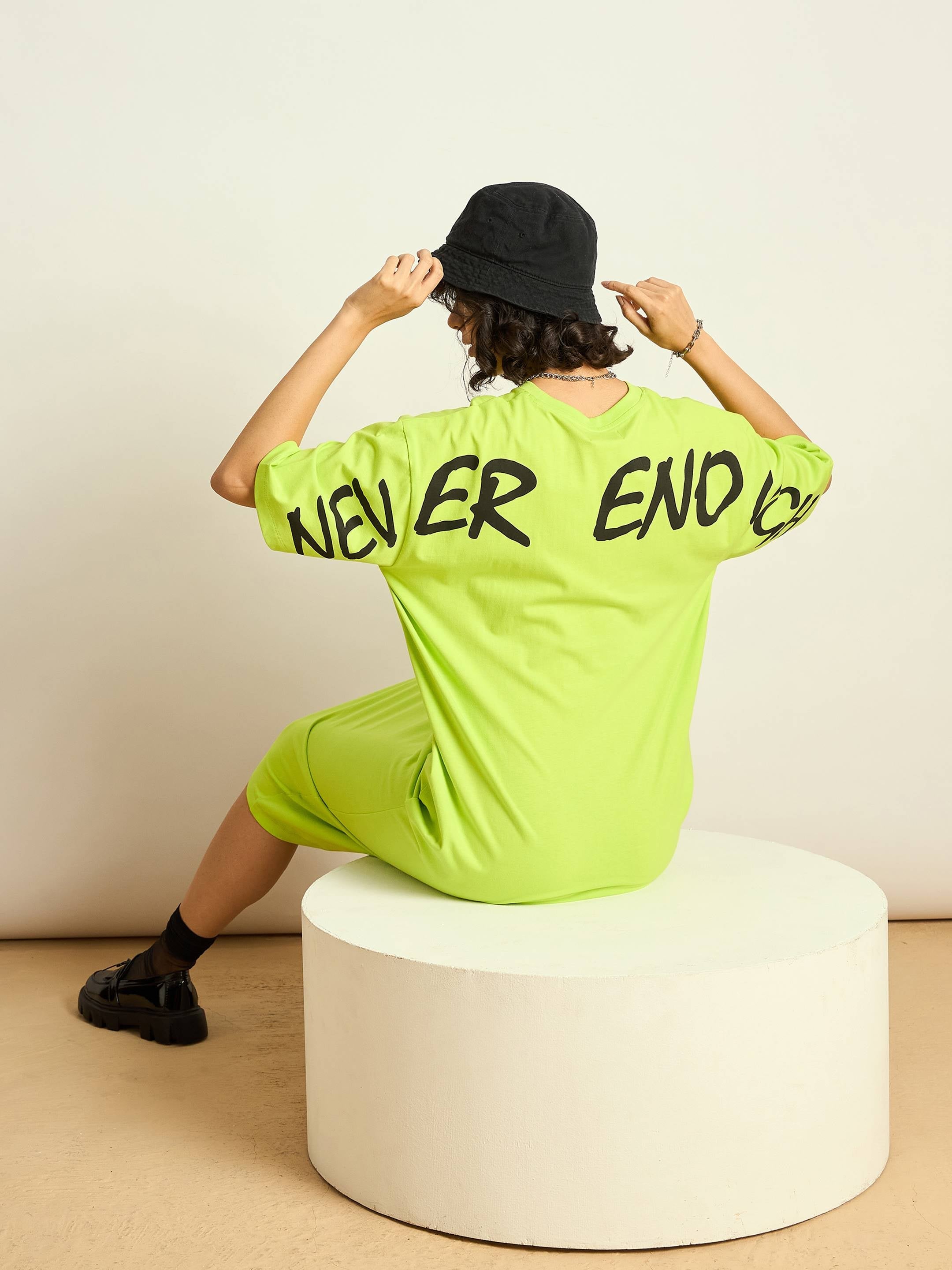 Women Neon Green NEVER ENOUGH Printed T-Shirt Dress