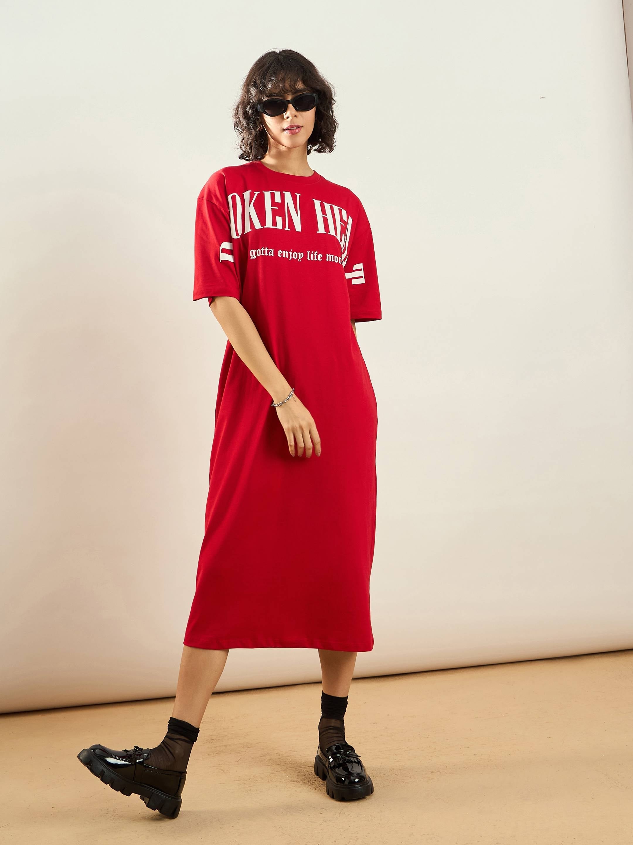 Women Red BROKEN HEART Printed T-Shirt Dress