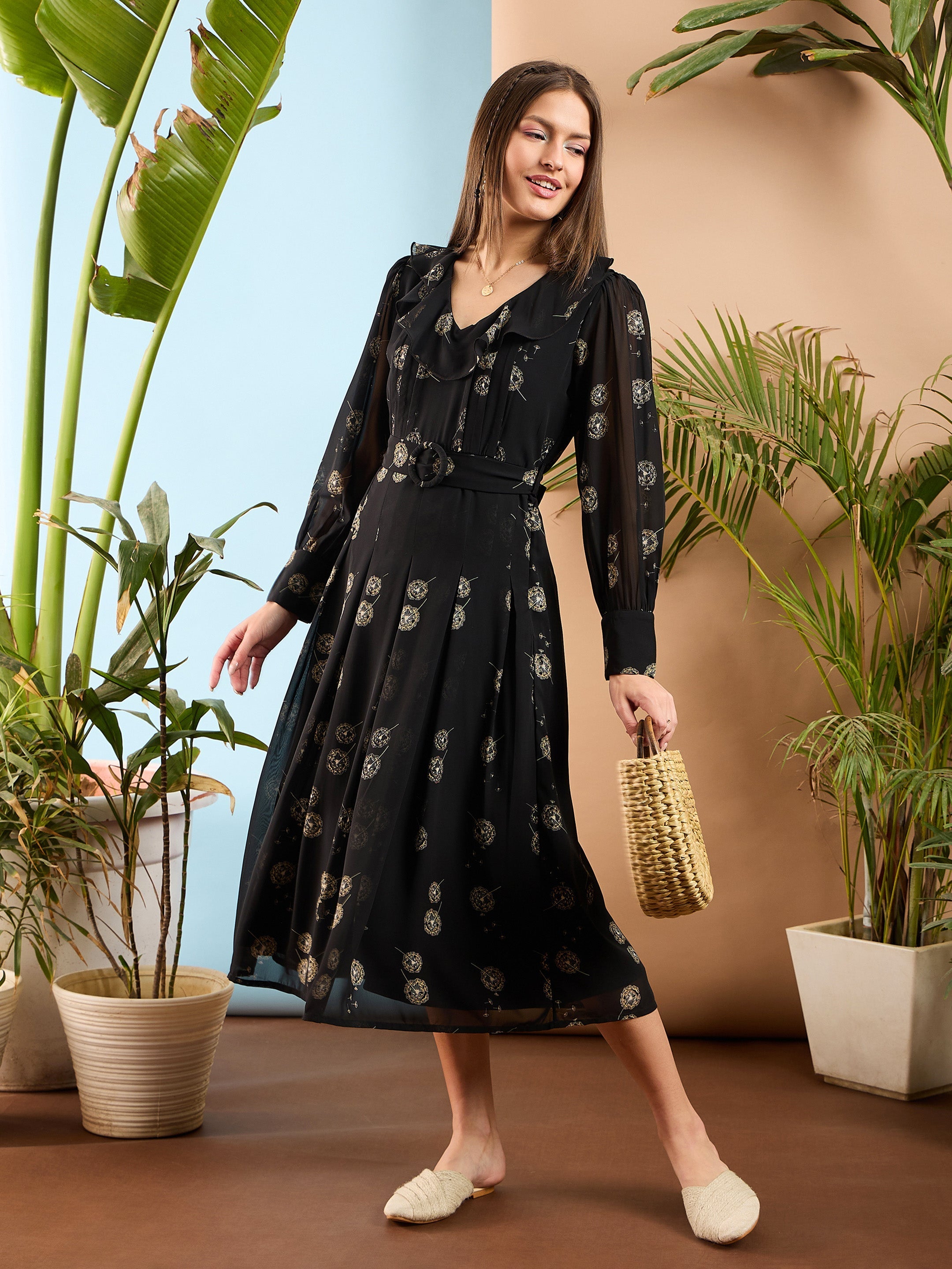 Women Black Floral Ruffle Collar Midi Dress