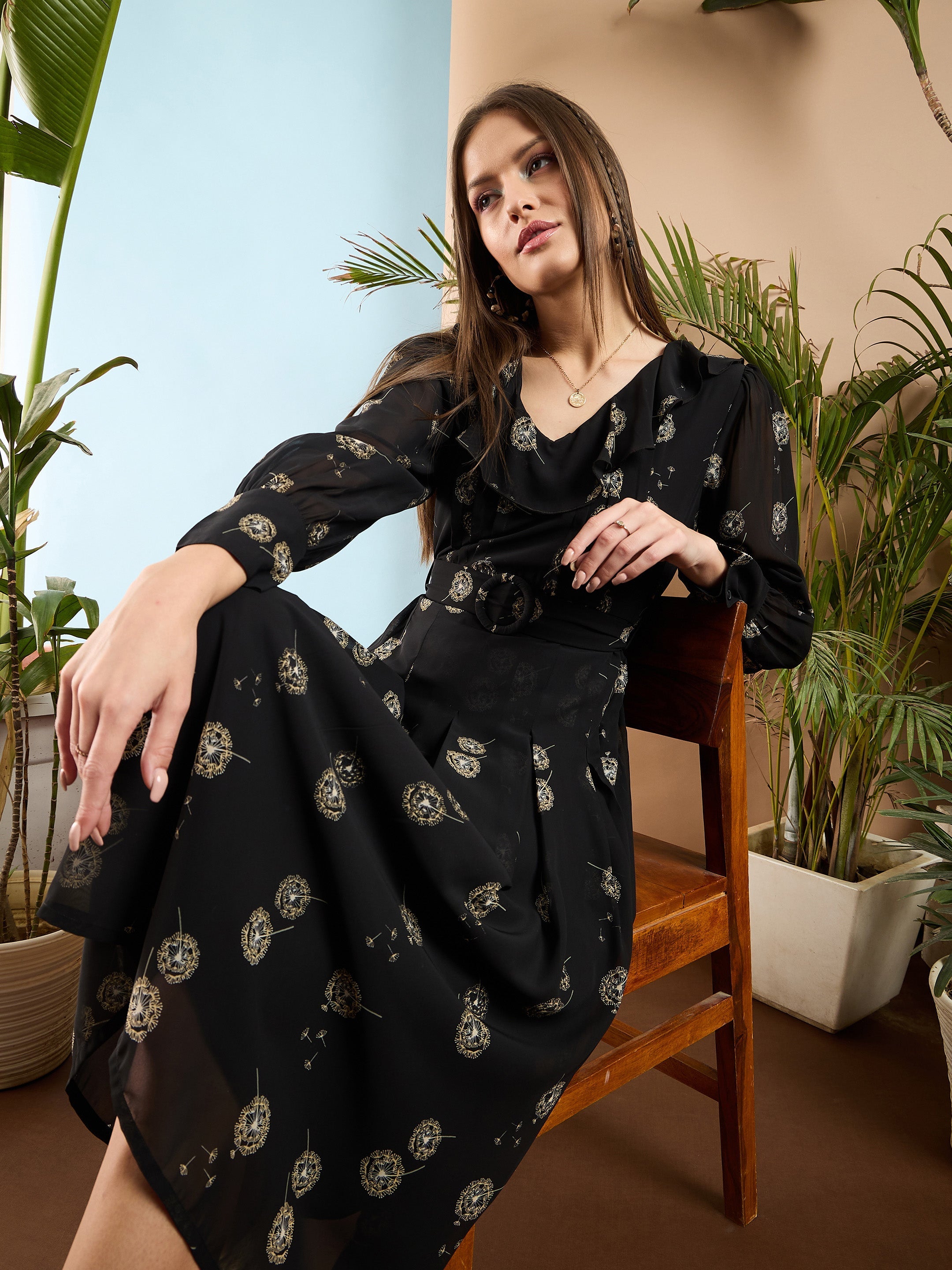 Women Black Floral Ruffle Collar Midi Dress