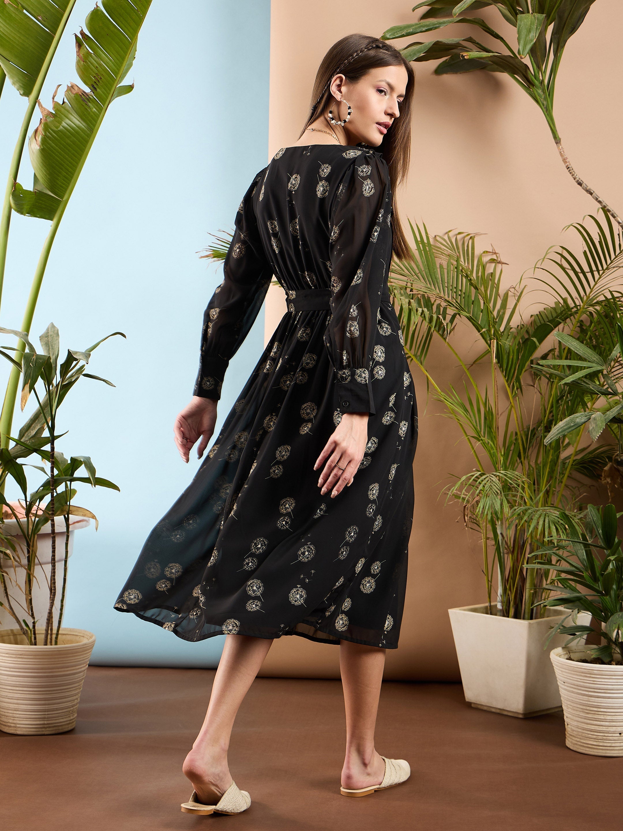 Women Black Floral Ruffle Collar Midi Dress