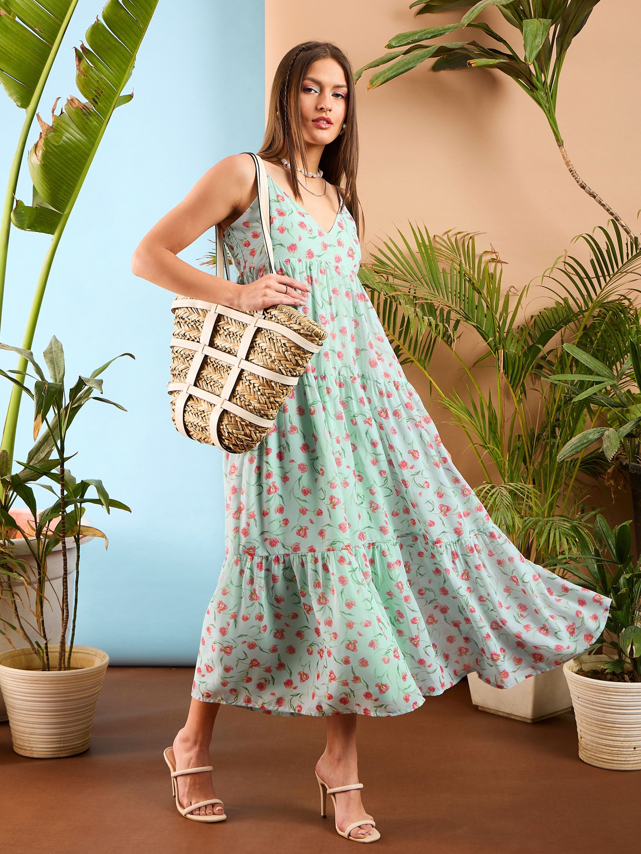 Women See Green Floral Strappy Tiered Maxi Dress