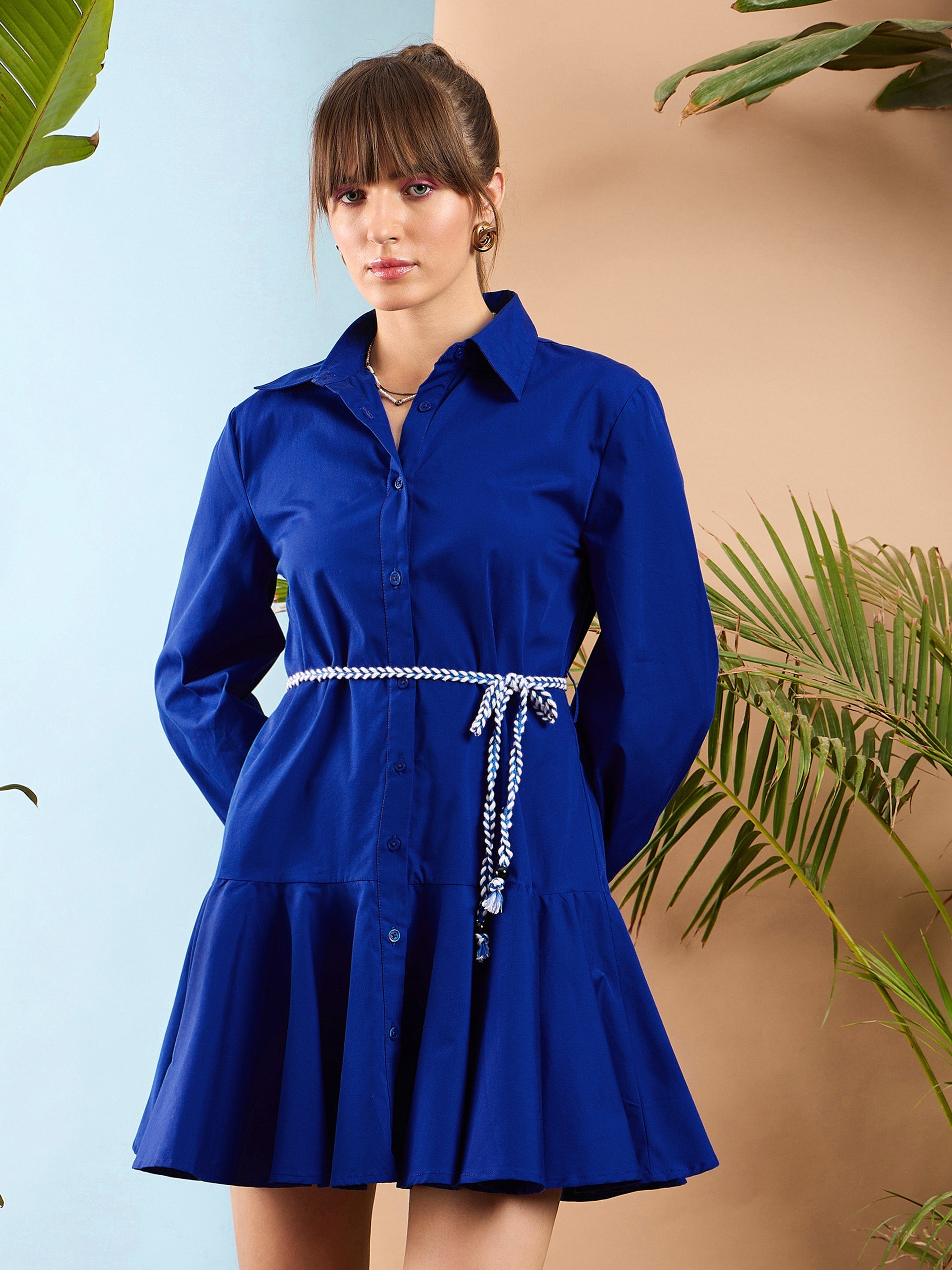 Women Royal Blue Poplin Short Skater Dress