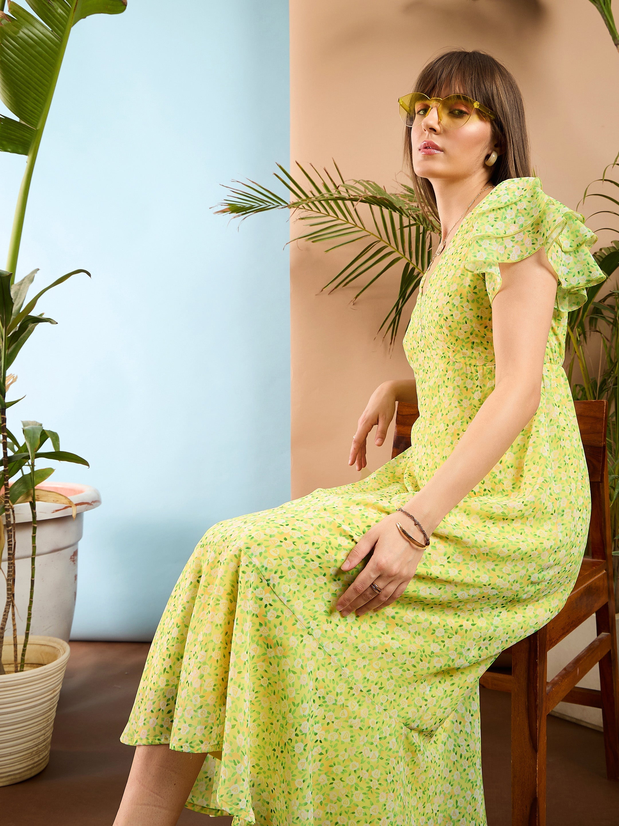 Women Lime Yellow Ditsy Floral Flared Sleeve Midi Dress