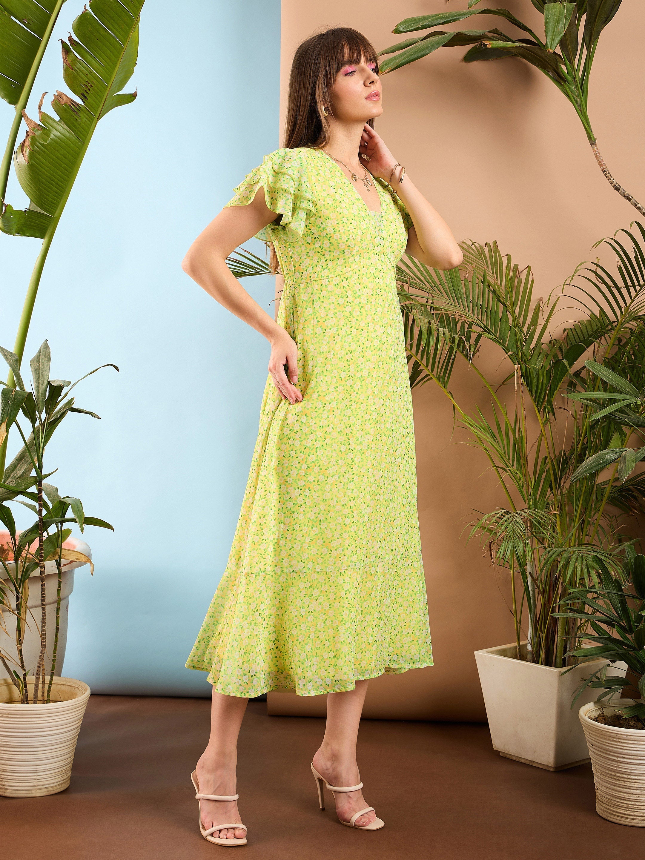 Women Lime Yellow Ditsy Floral Flared Sleeve Midi Dress