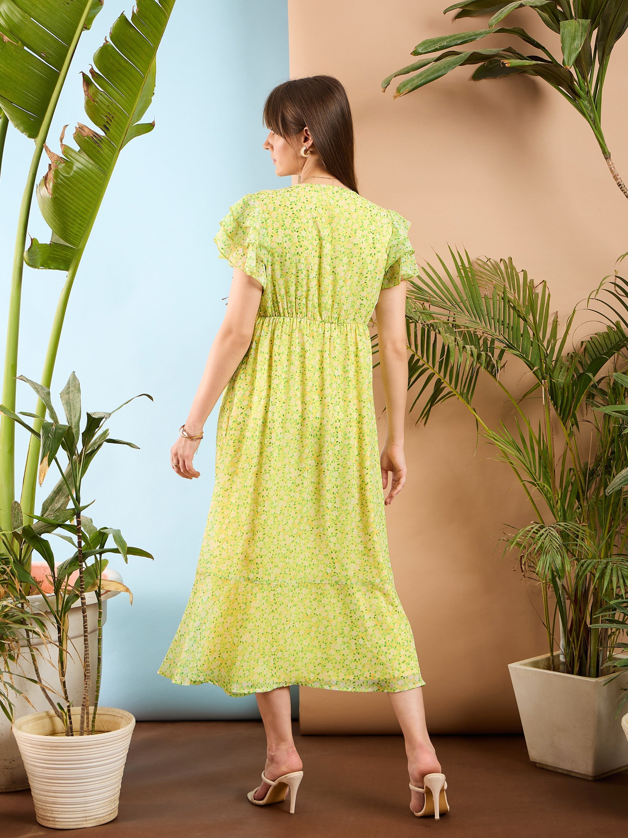 Women Lime Yellow Ditsy Floral Flared Sleeve Midi Dress