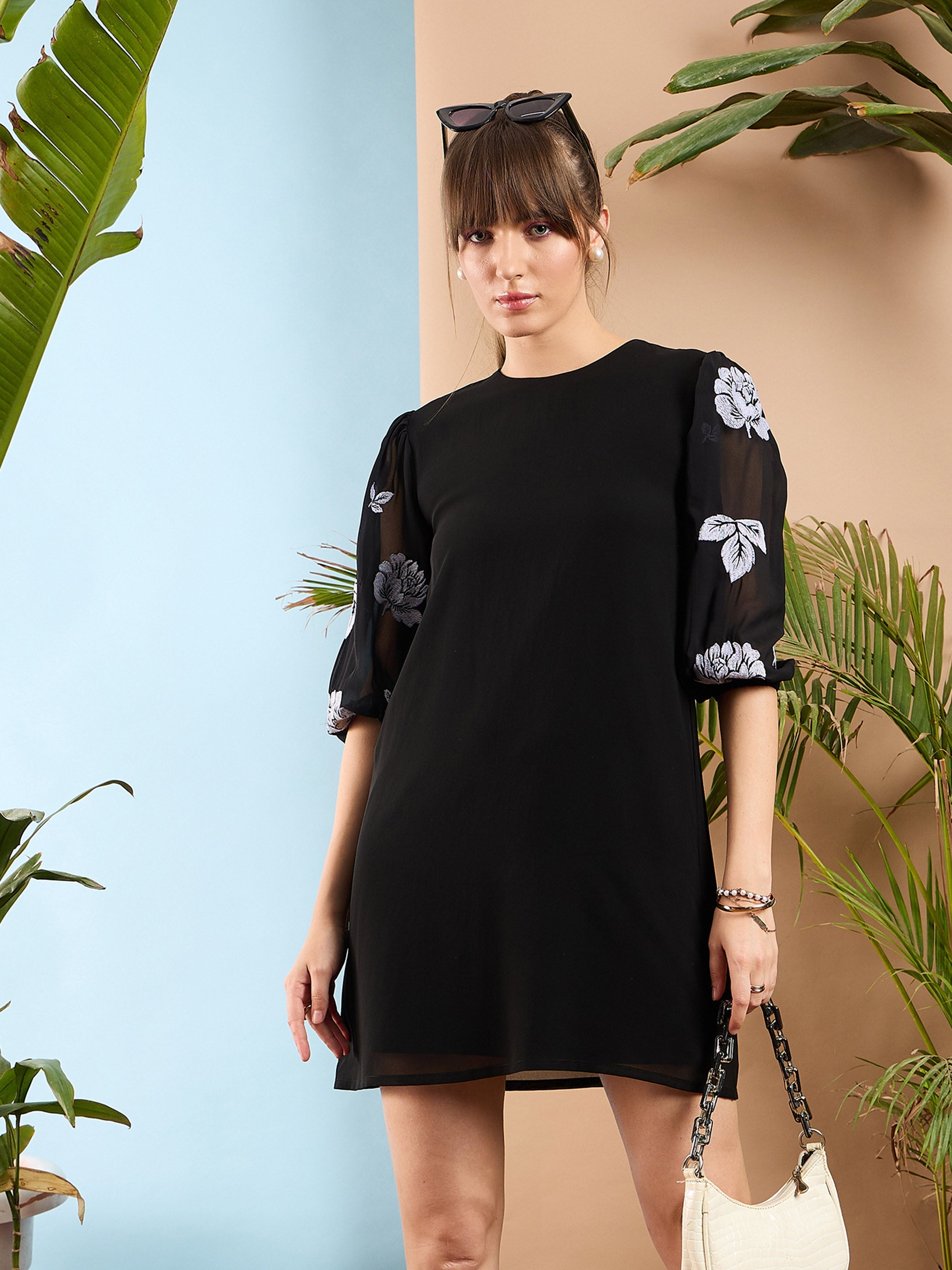 Women Black Embroidered Puff Sleeves Dress