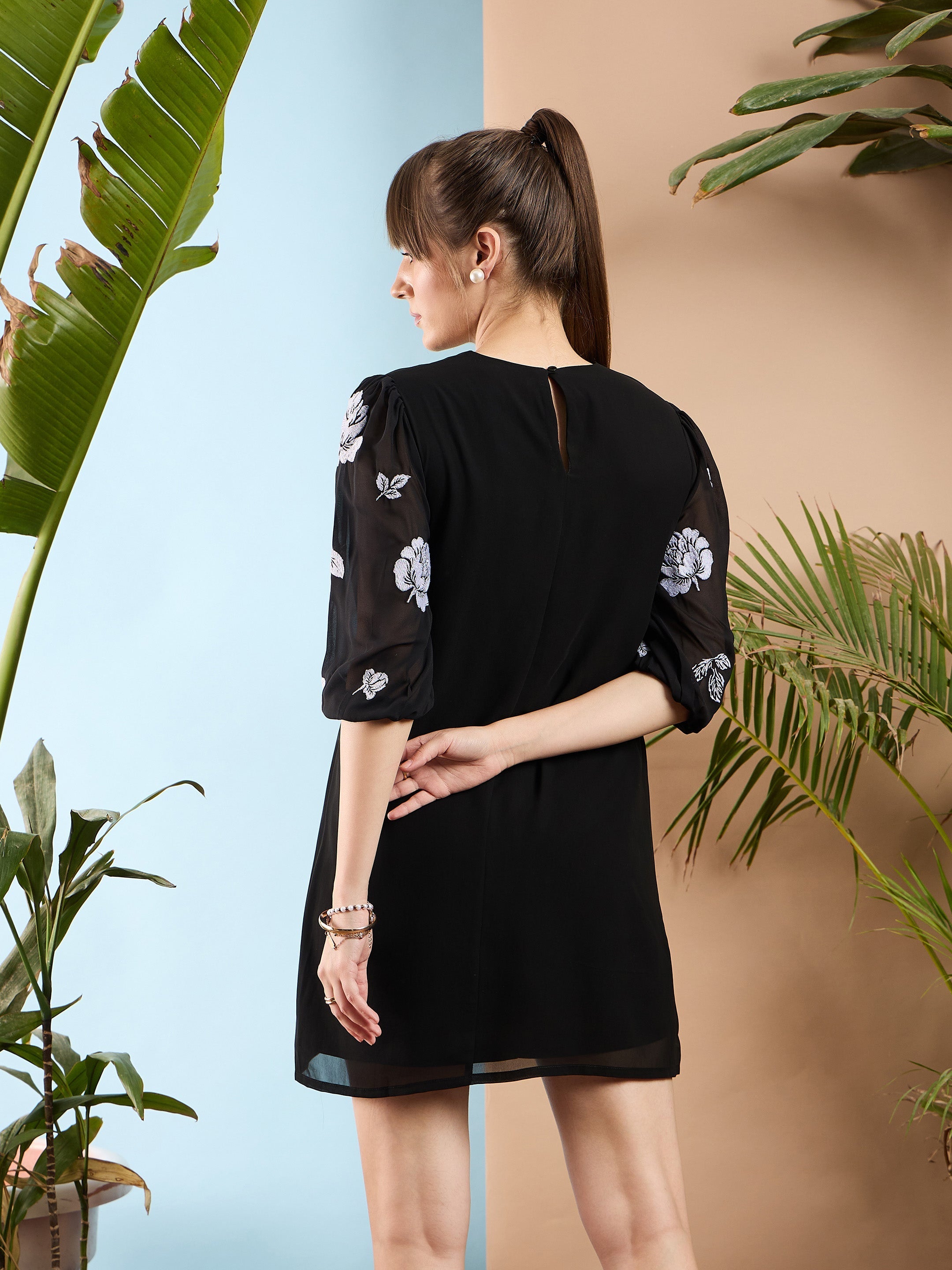 Women Black Embroidered Puff Sleeves Dress