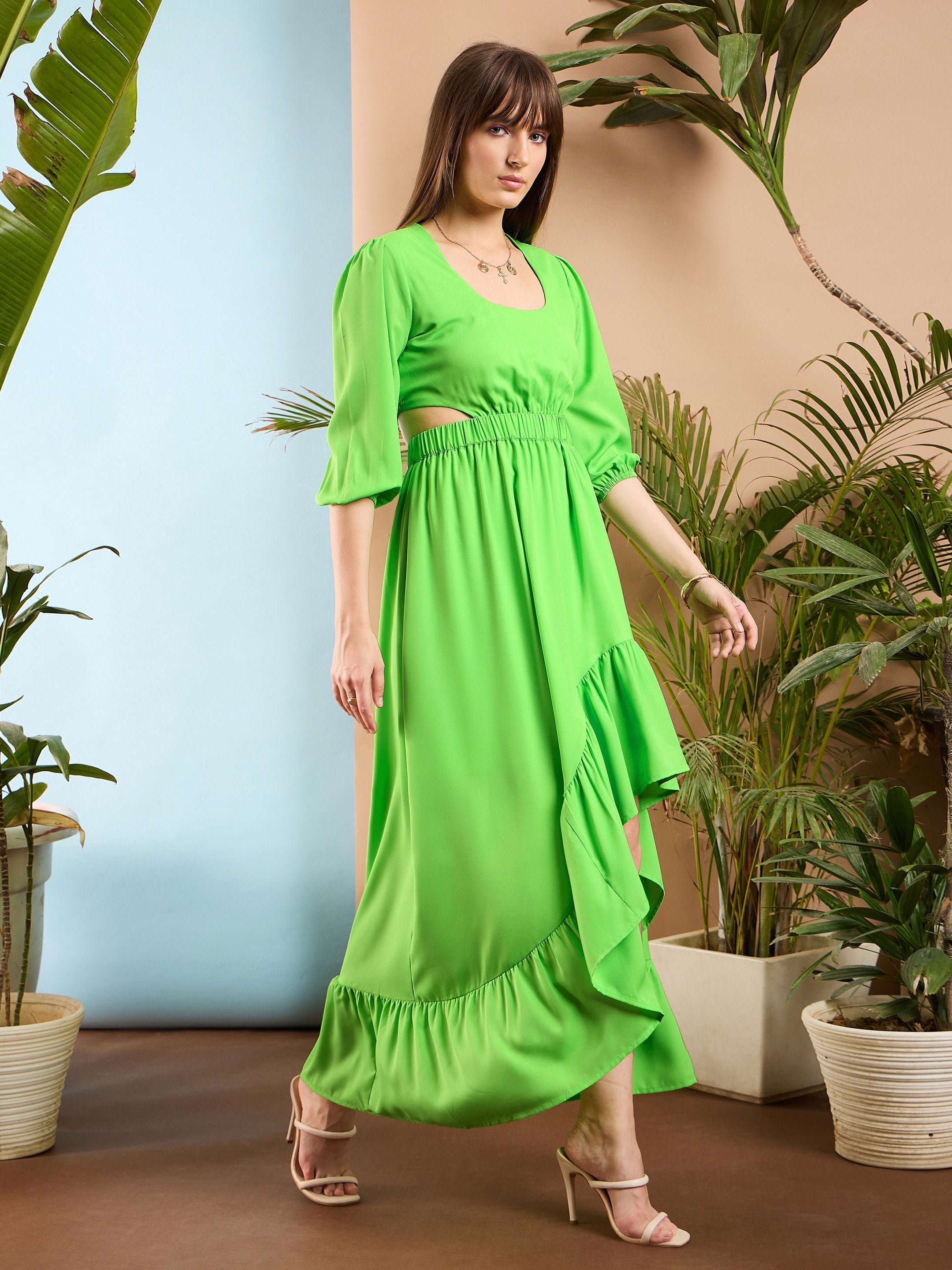 Women Green Waist Cut out Ruffle Maxi Dress