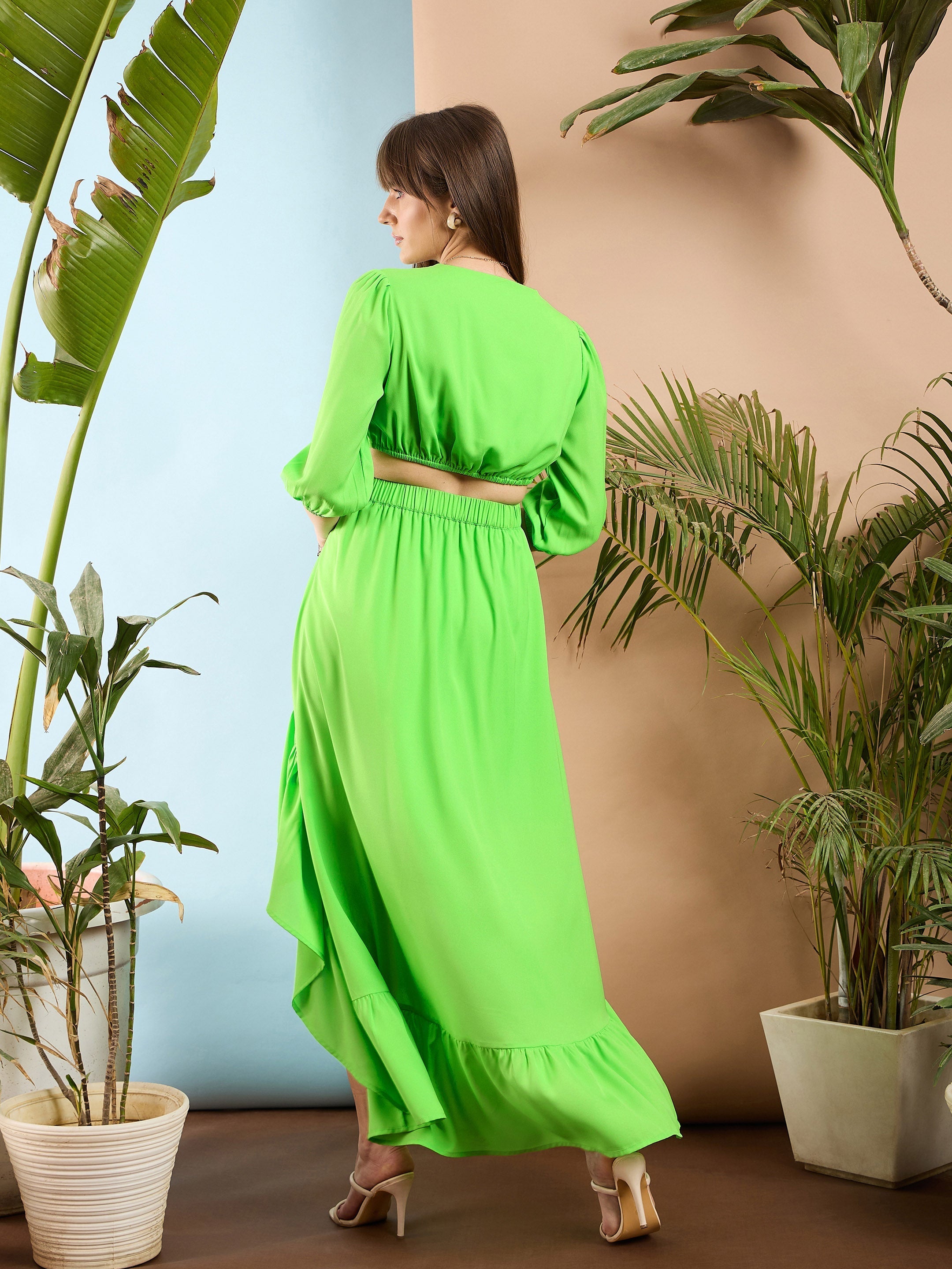 Women Green Waist Cut out Ruffle Maxi Dress