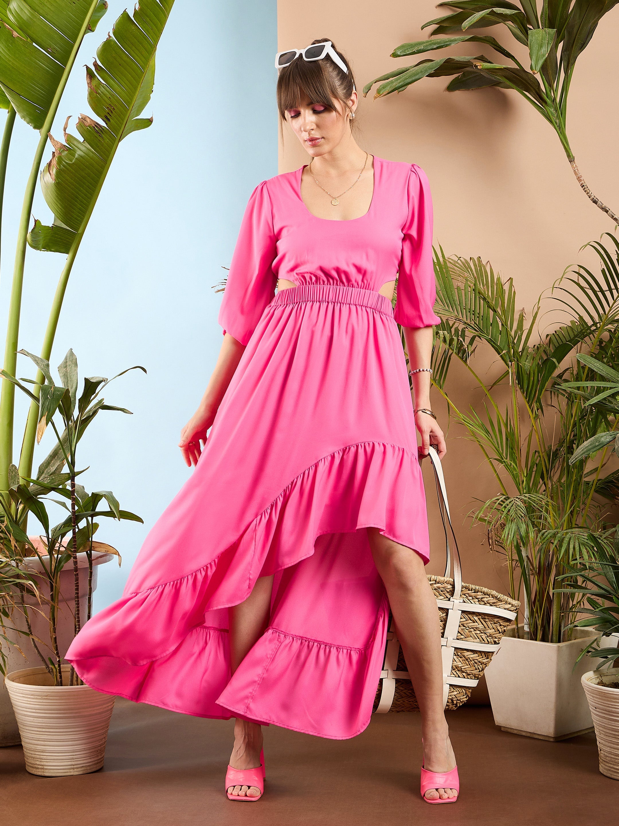 Women Pink Waist Cut out Ruffle Maxi Dress