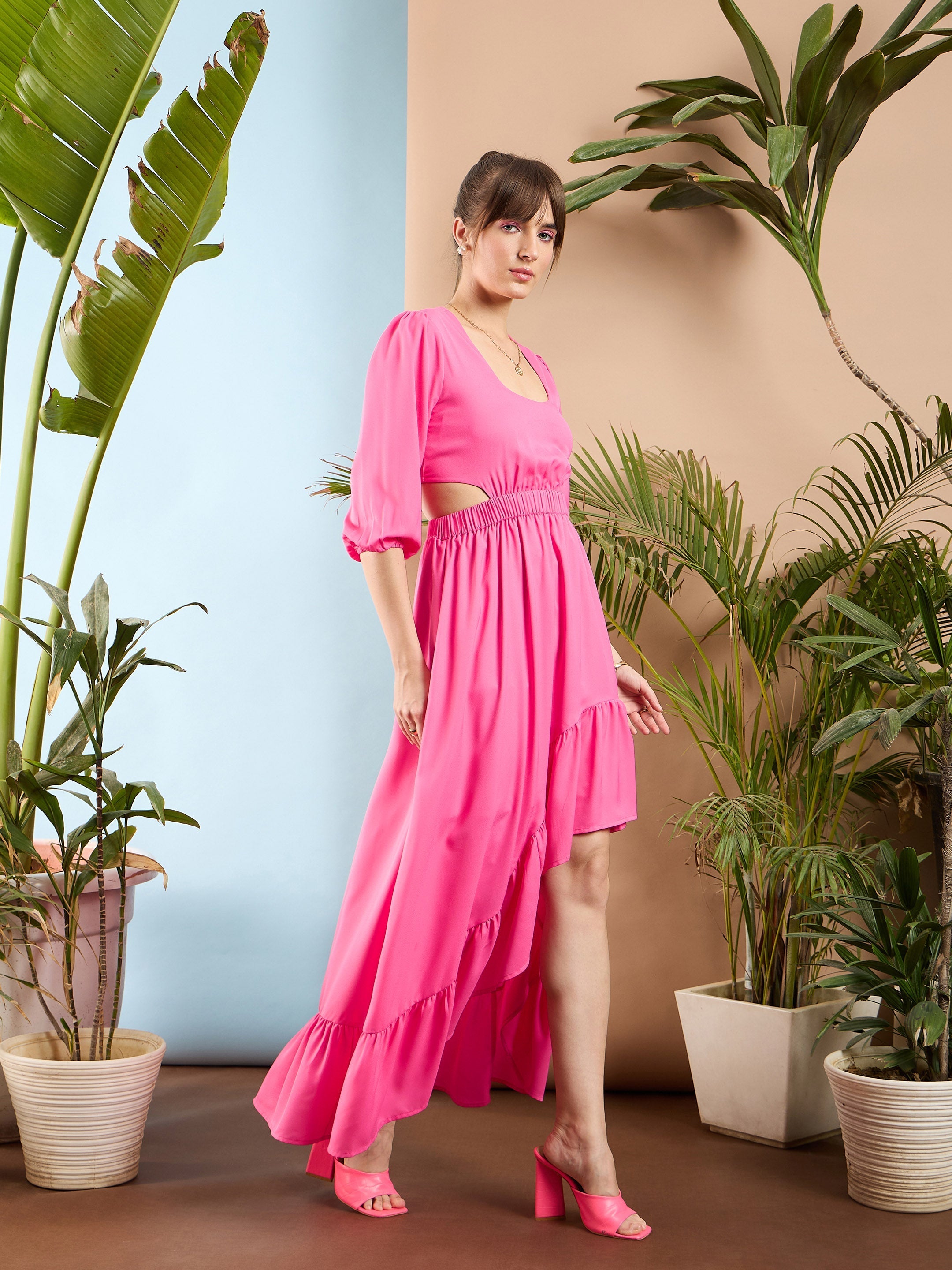 Women Pink Waist Cut out Ruffle Maxi Dress