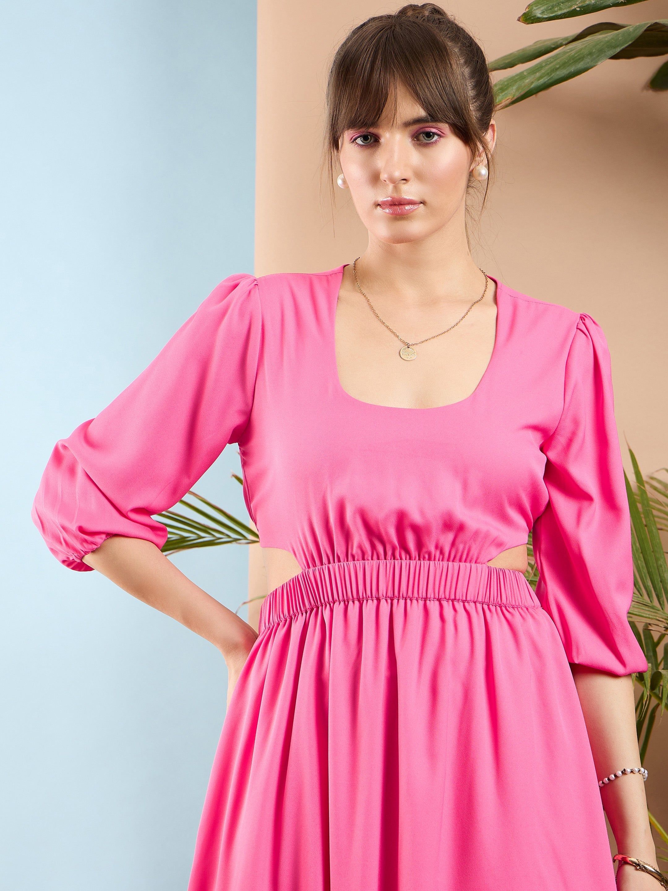 Women Pink Waist Cut out Ruffle Maxi Dress