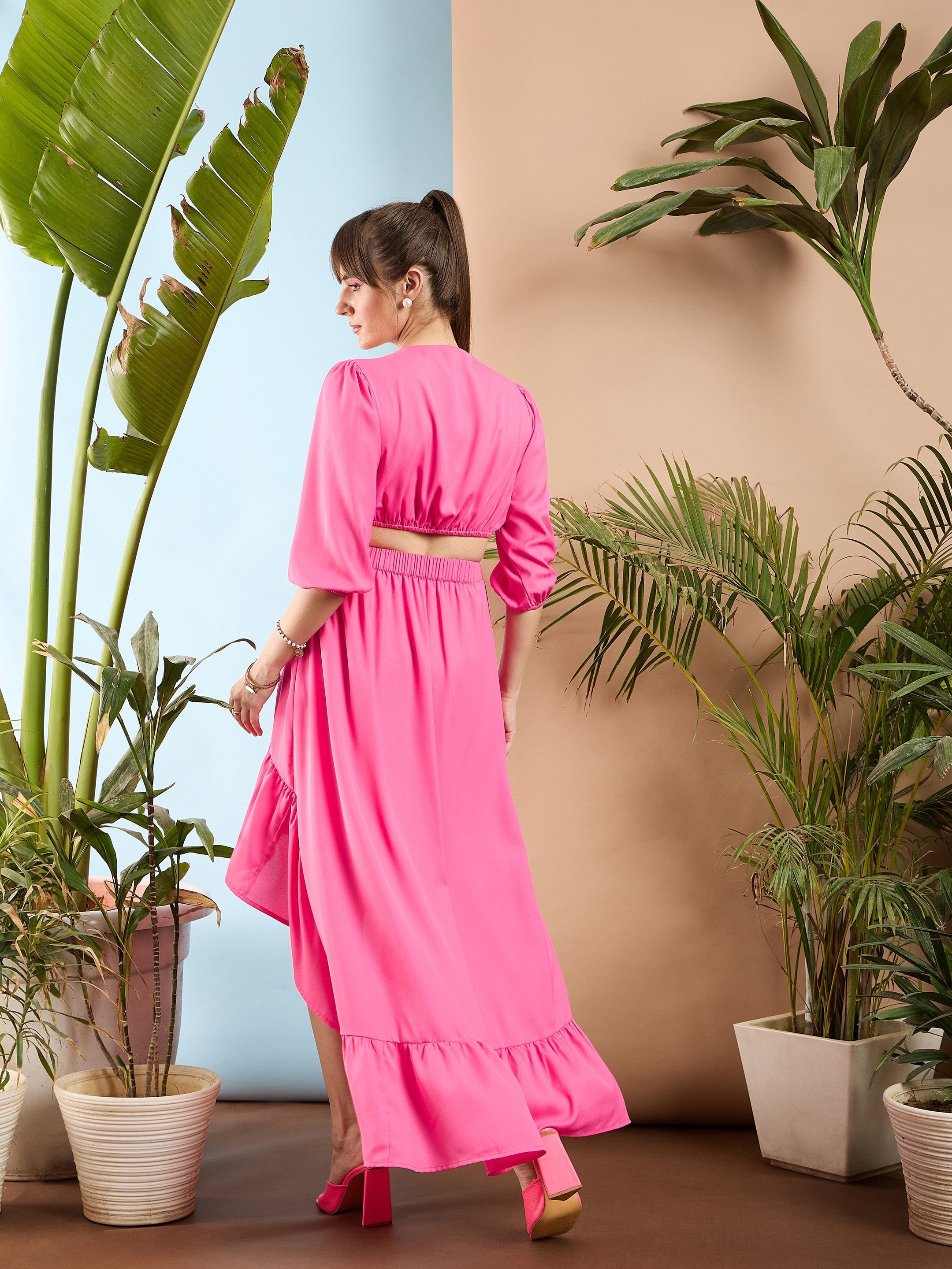 Women Pink Waist Cut out Ruffle Maxi Dress