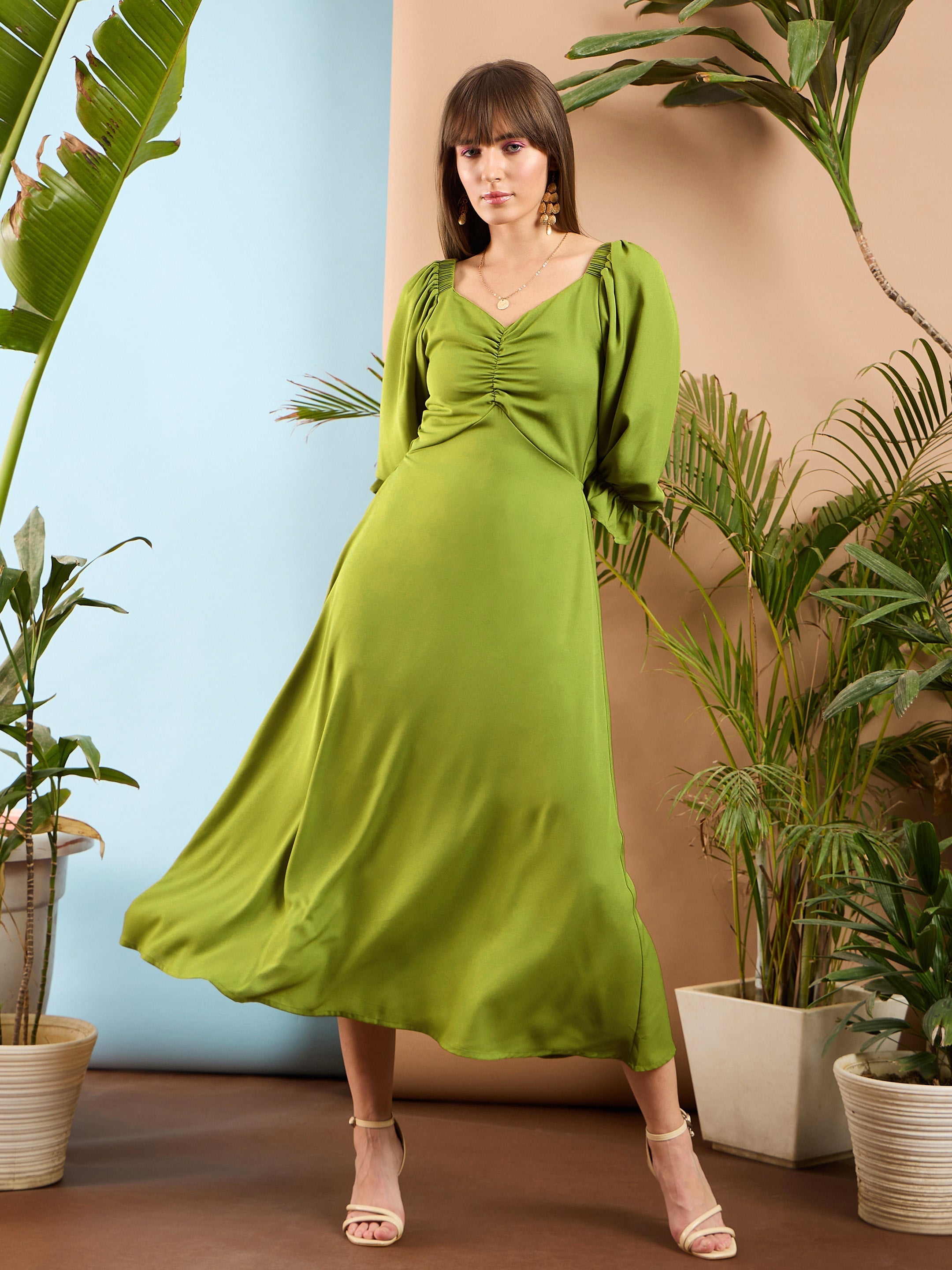 Women Olive Front Ruched Back Cut Out Midi Dress