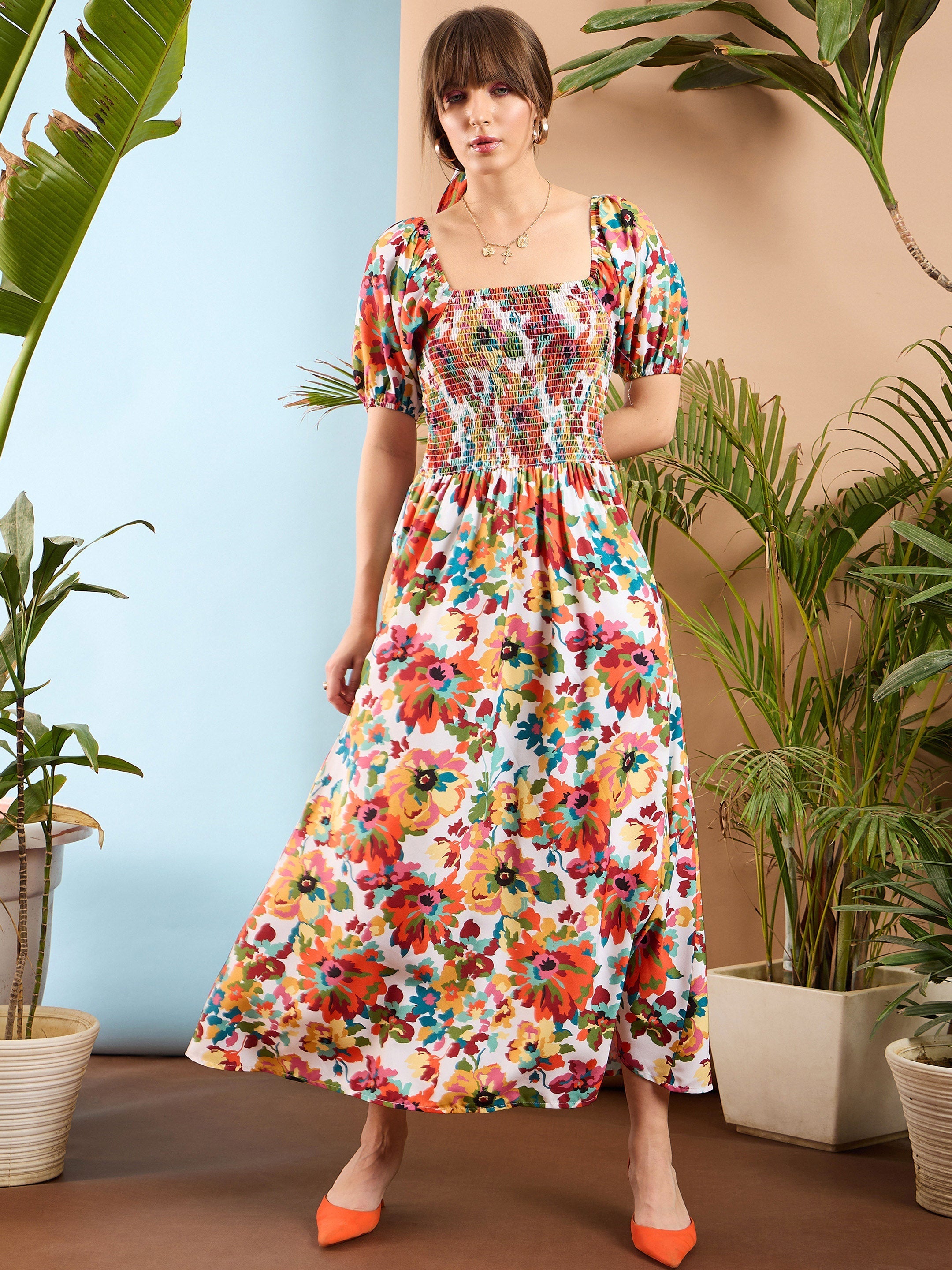 Women Orange Floral Puff Sleeves A-Line Midi Dress