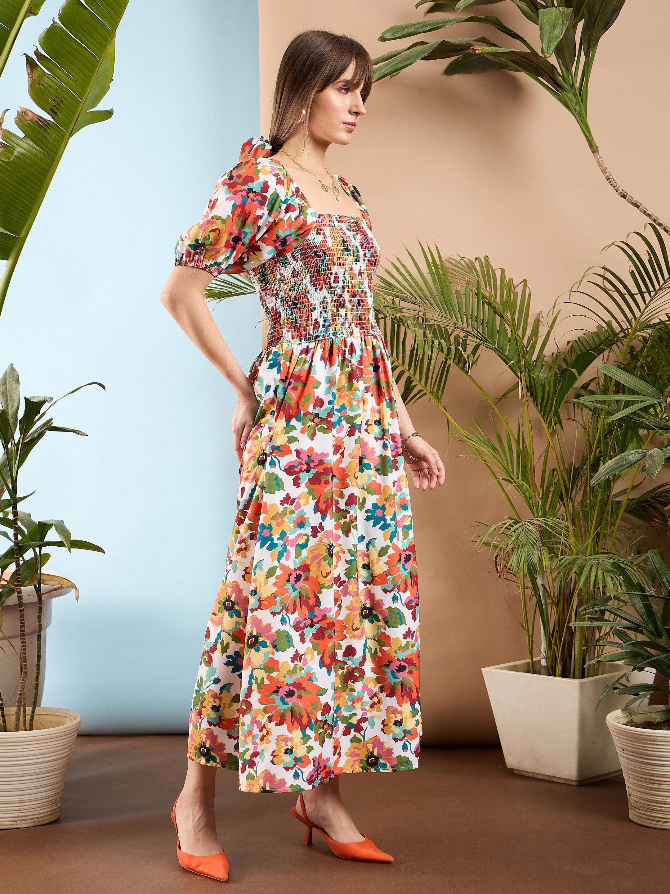 Women Orange Floral Puff Sleeves A-Line Midi Dress