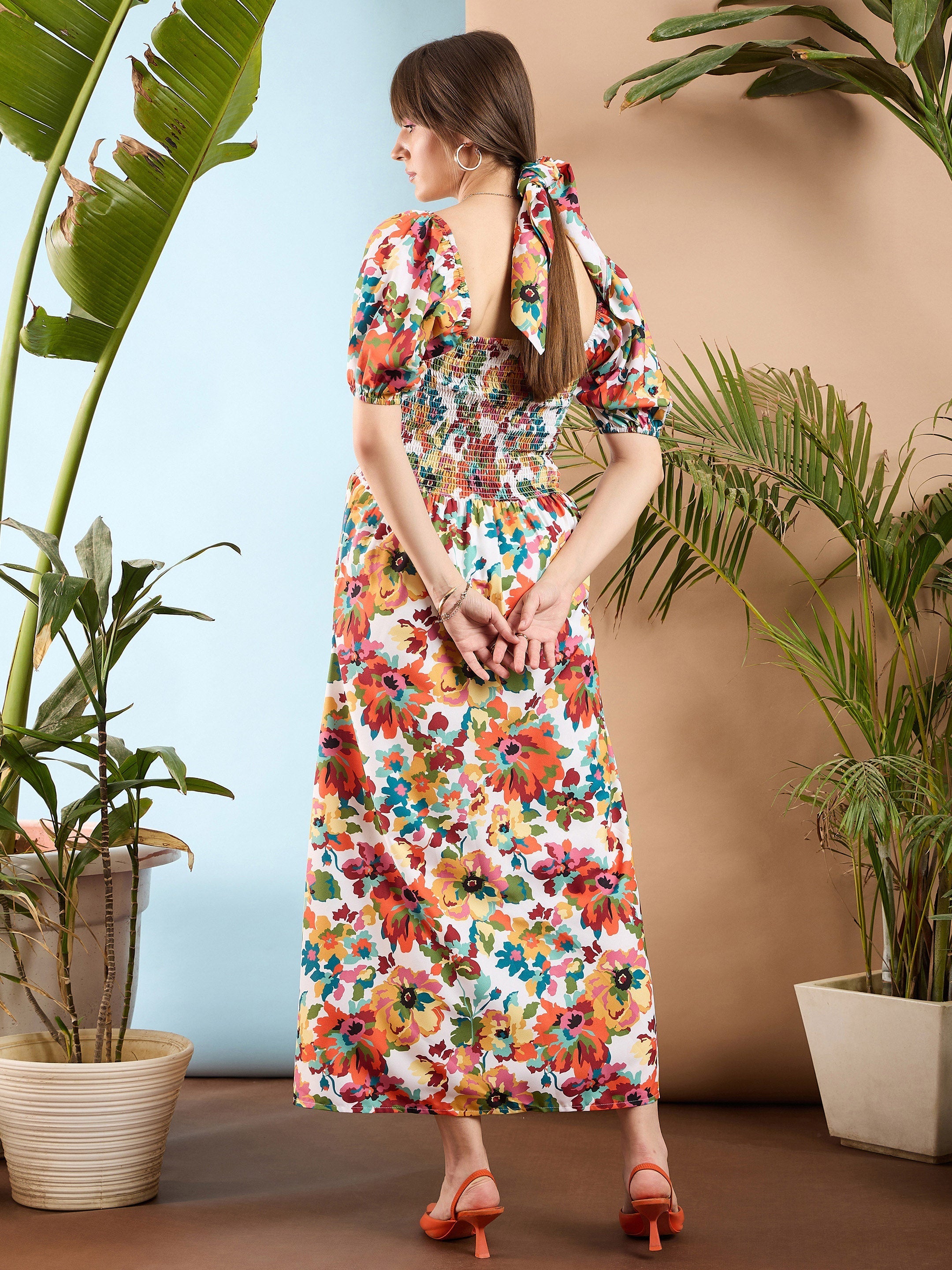 Women Orange Floral Puff Sleeves A-Line Midi Dress