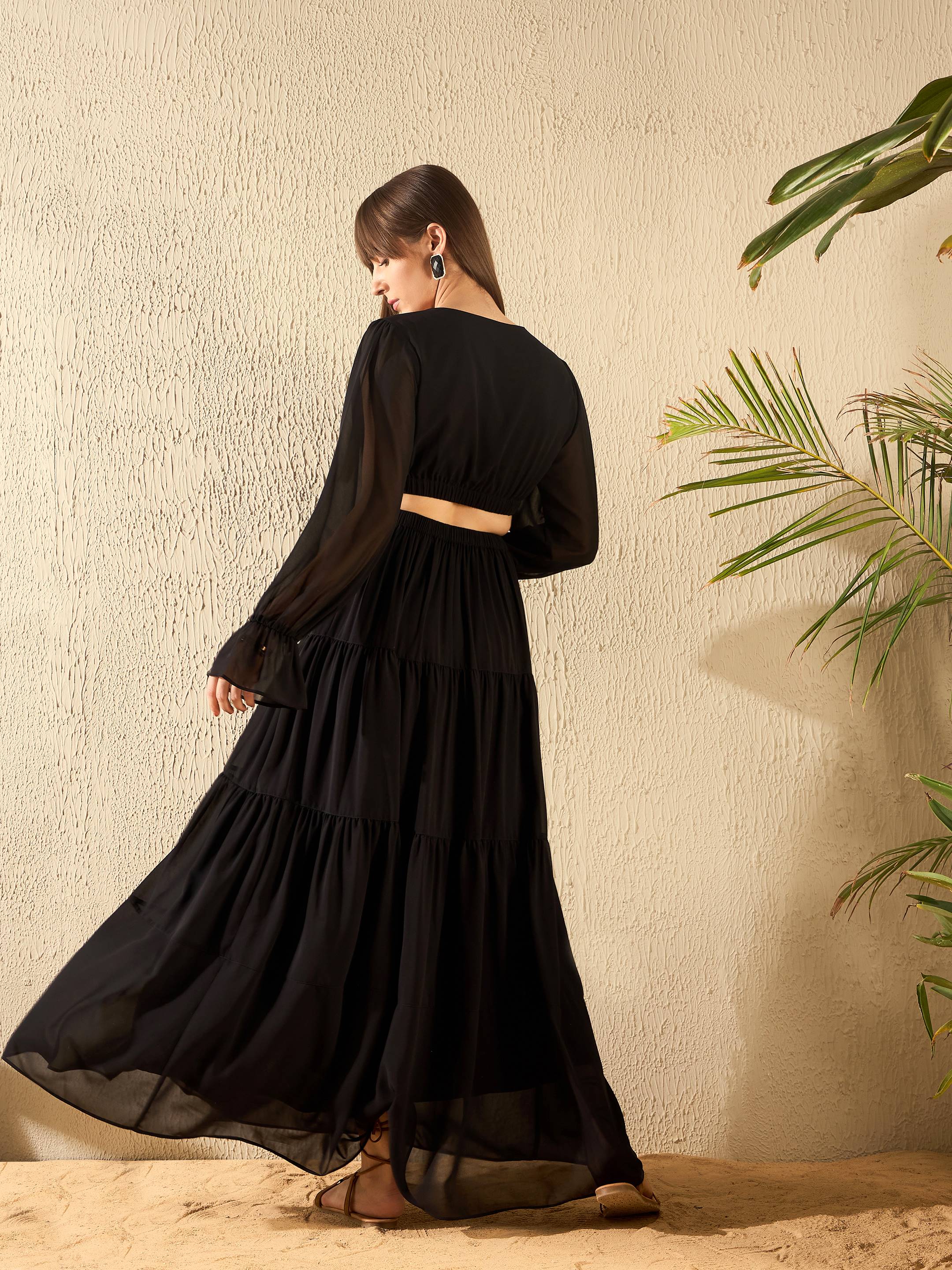 Women Black Waist Cut Out Maxi Dress