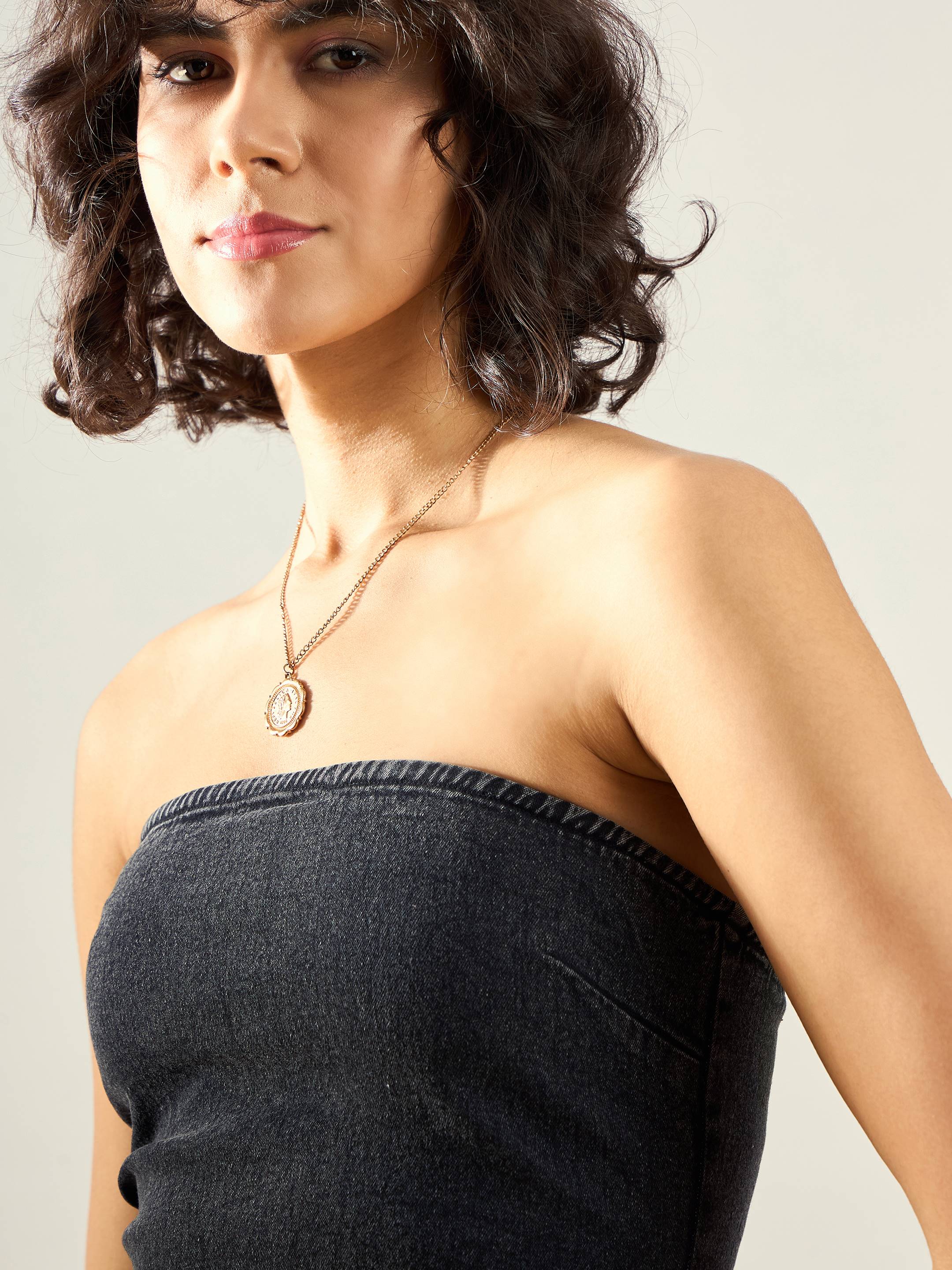 Women Black Washed Denim Tube Dress