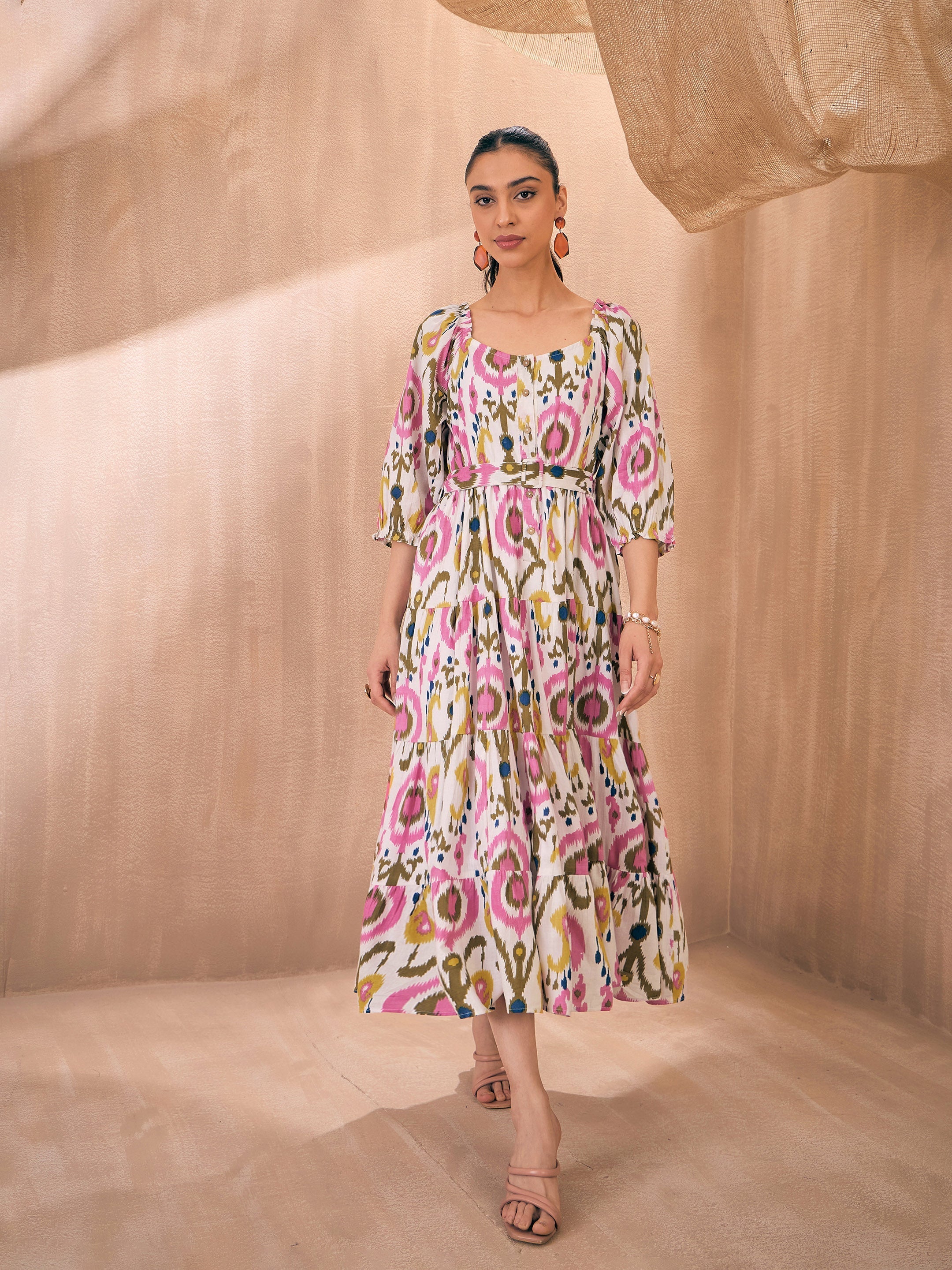 Women Pink Ikat Front Button Self Belt Tiered Midi Dress