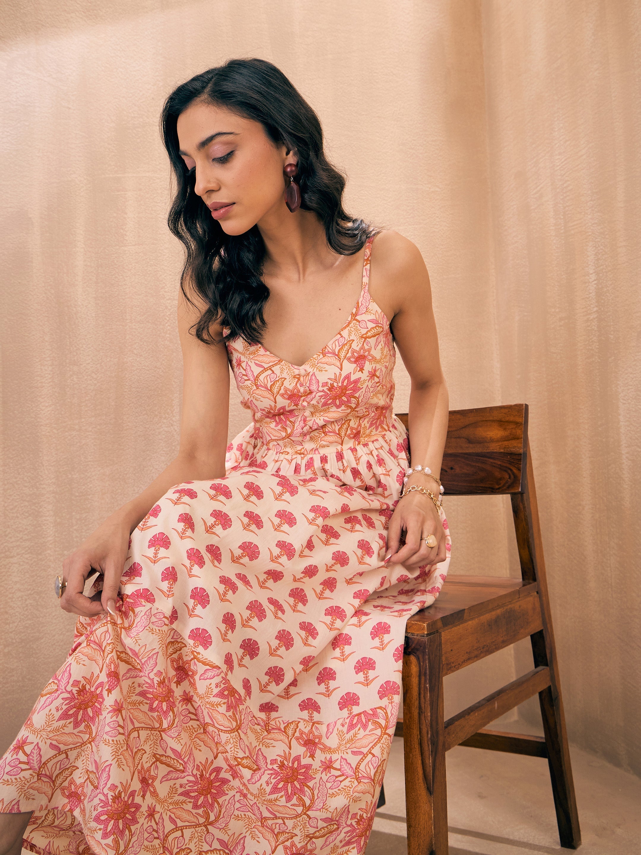 Women Pink Ethnic Motif Floral Strappy Maxi