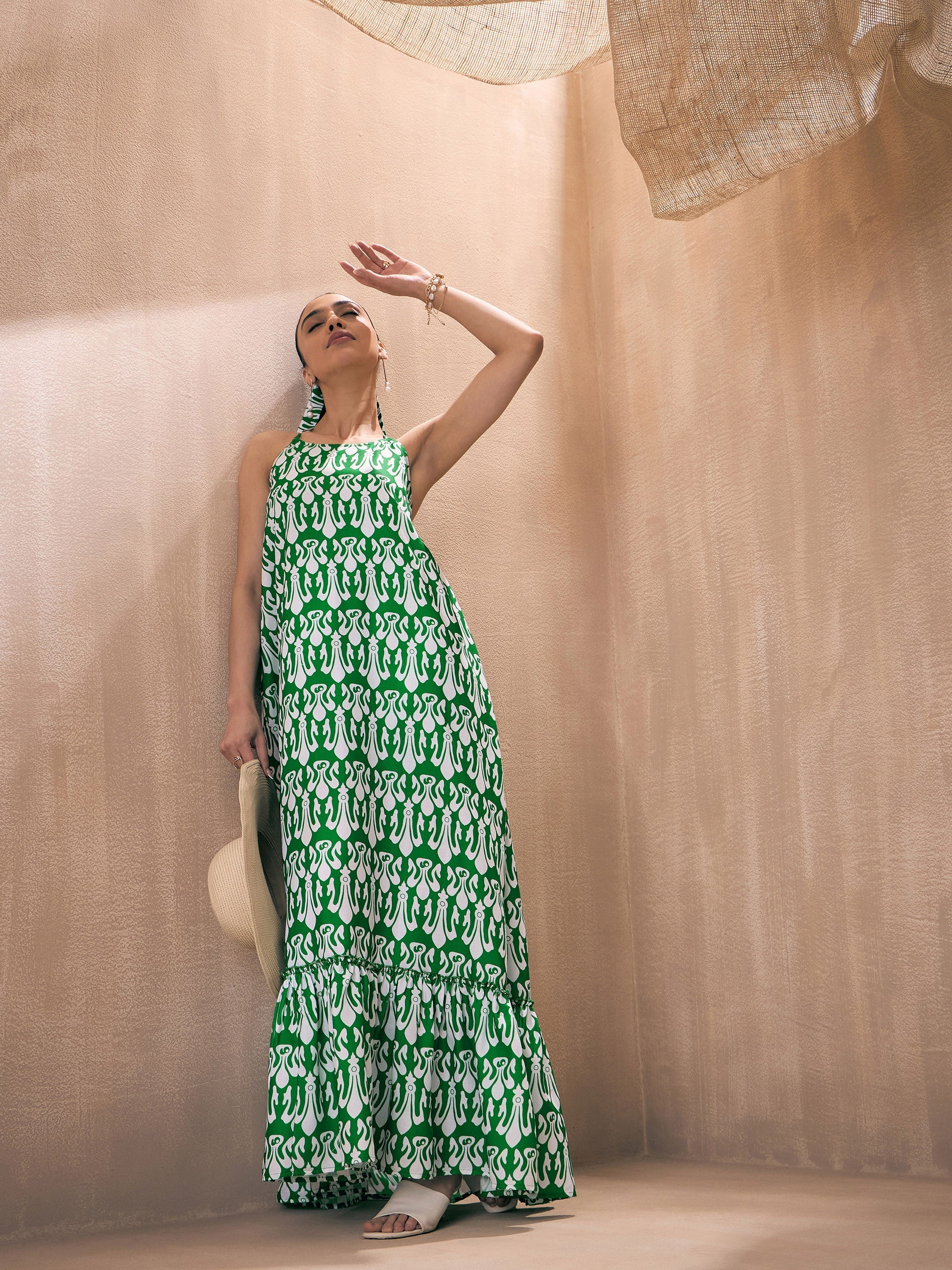 Women Green & White Ikat Halter Neck Loose Tiered Maxi