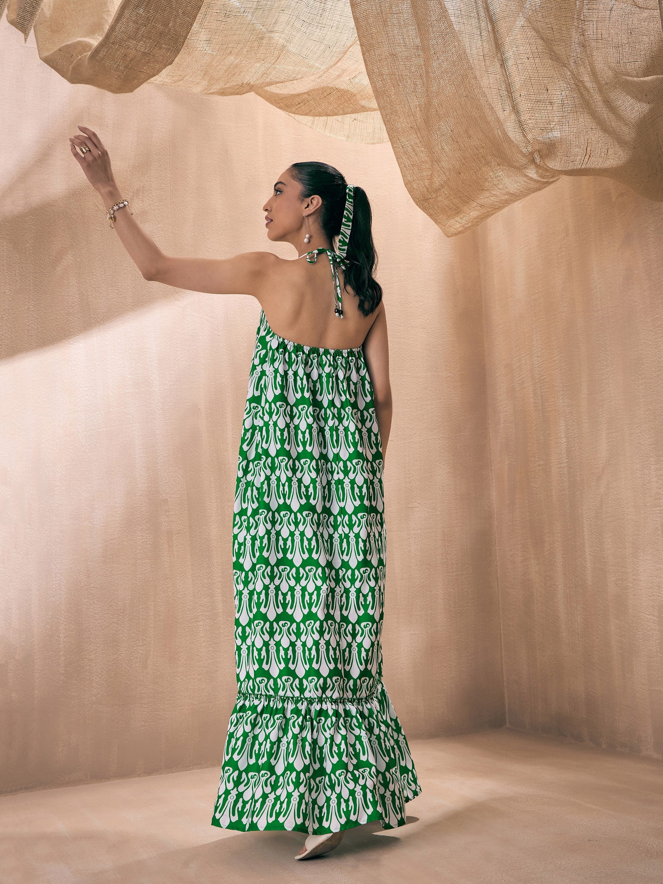 Women Green & White Ikat Halter Neck Loose Tiered Maxi