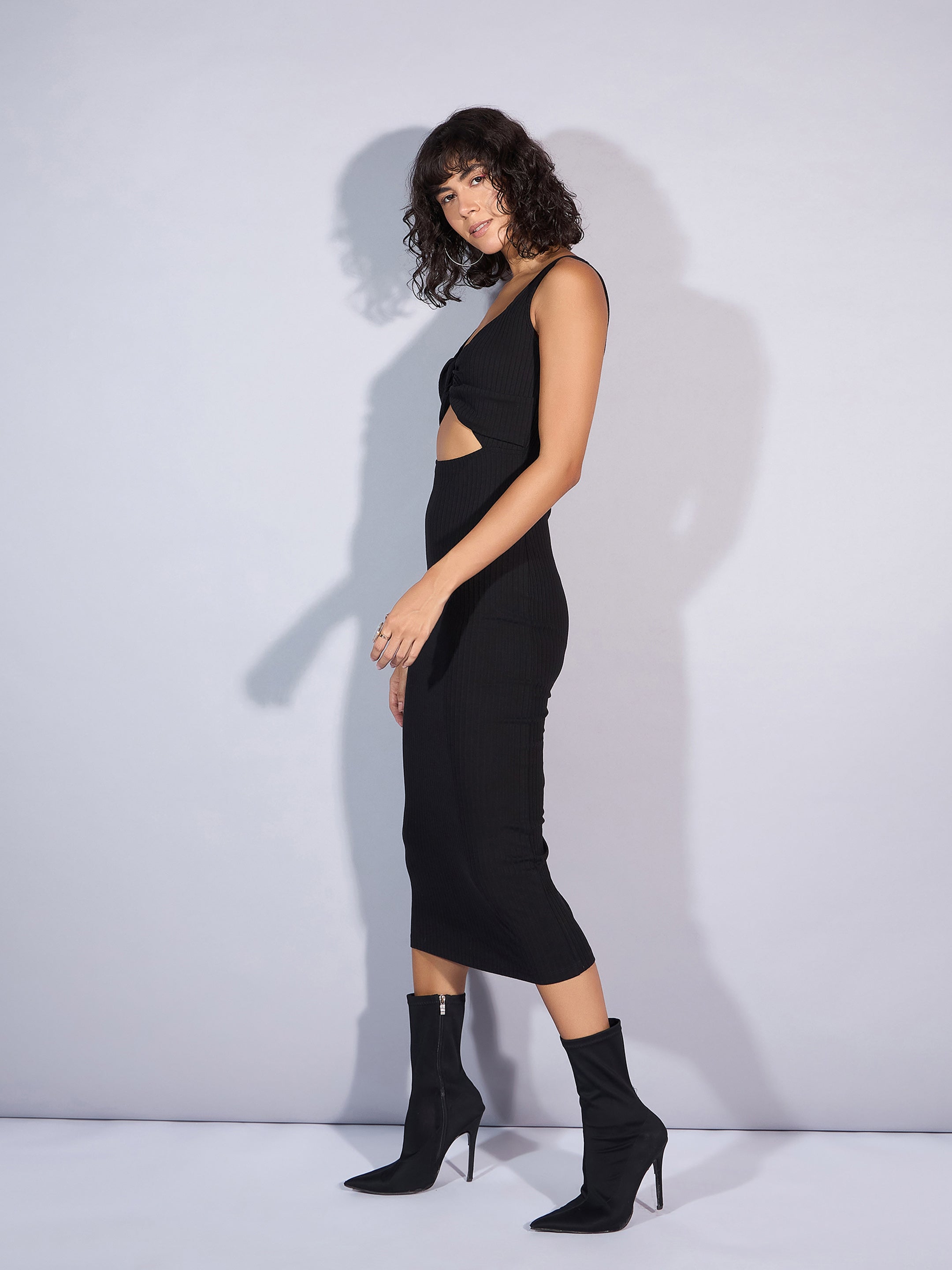 Women Black Rib Front Twist Cut-Out Midi Dress