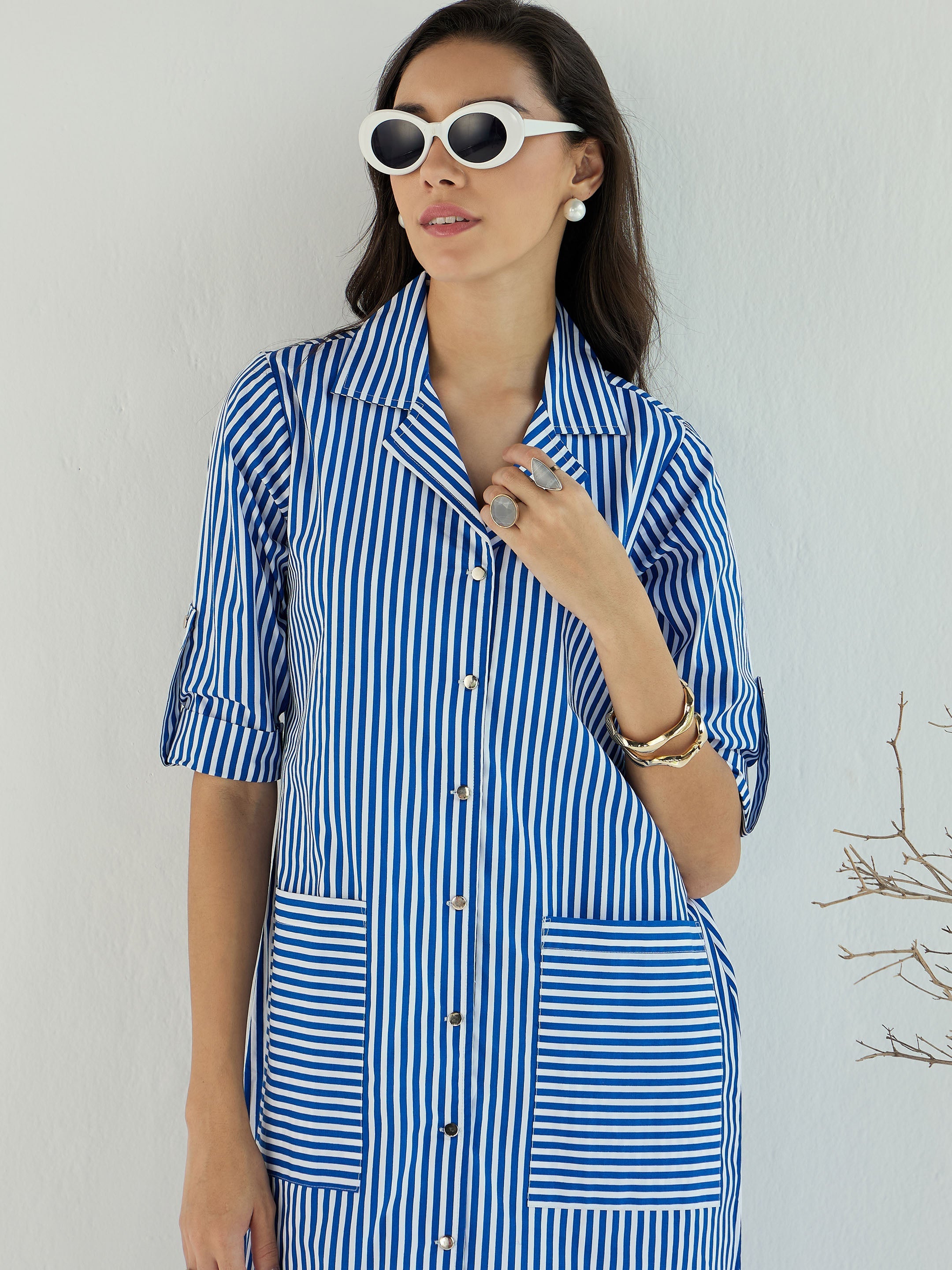 Women Blue & White Stripe Notch Collar Midi Dress