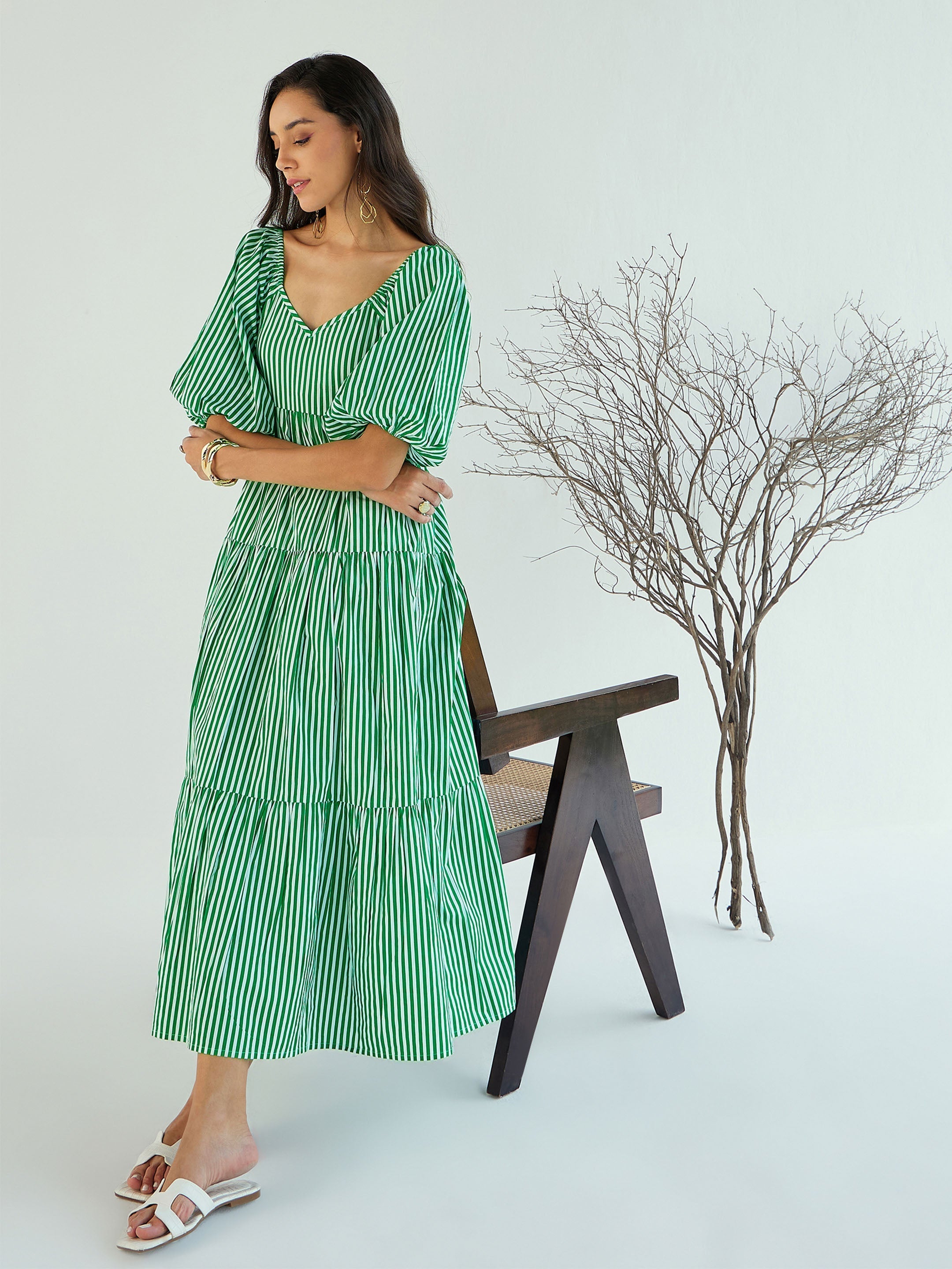 Women Green & White Stripe V-Neck Tiered Dress