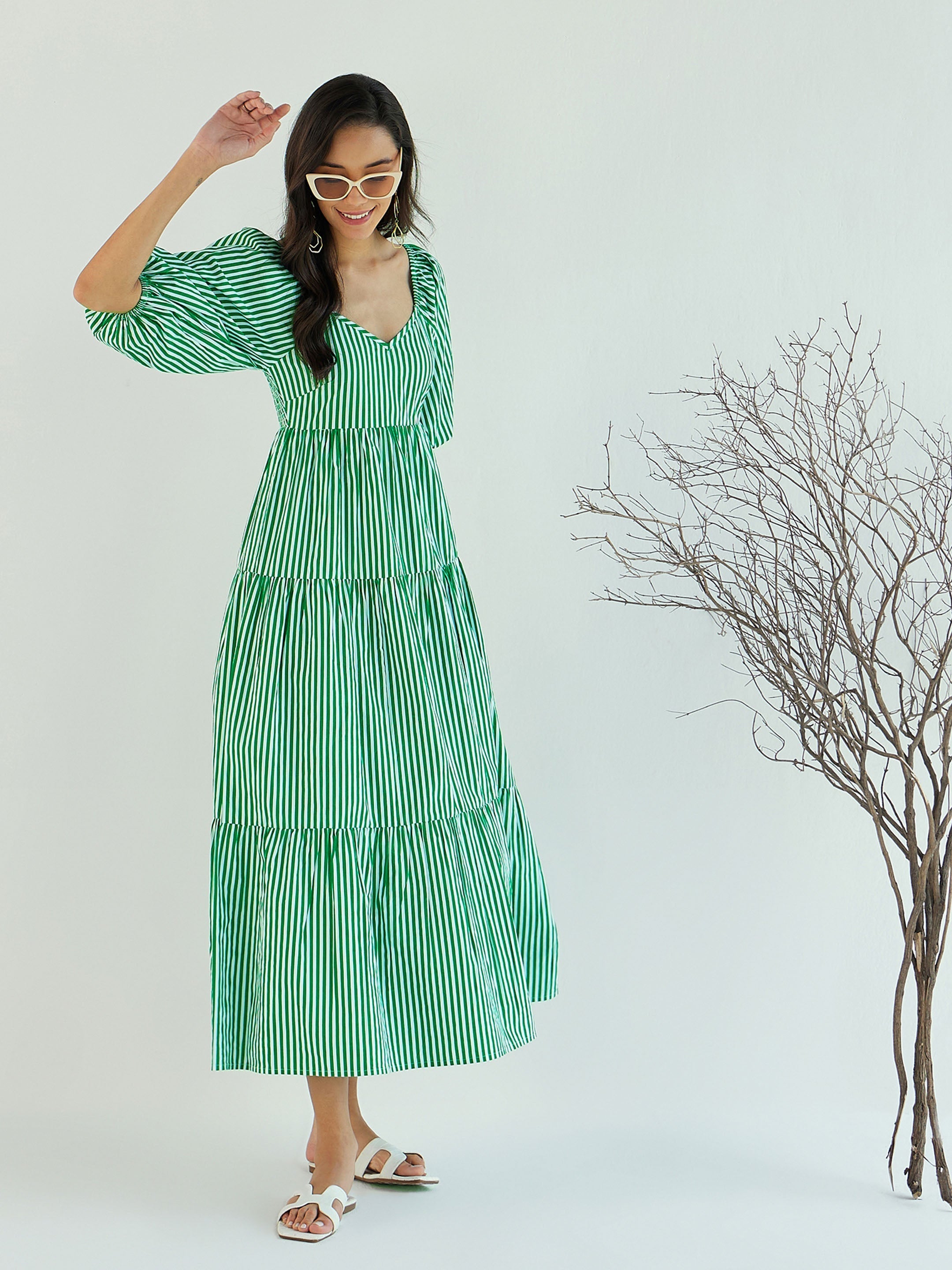 Women Green & White Stripe V-Neck Tiered Dress