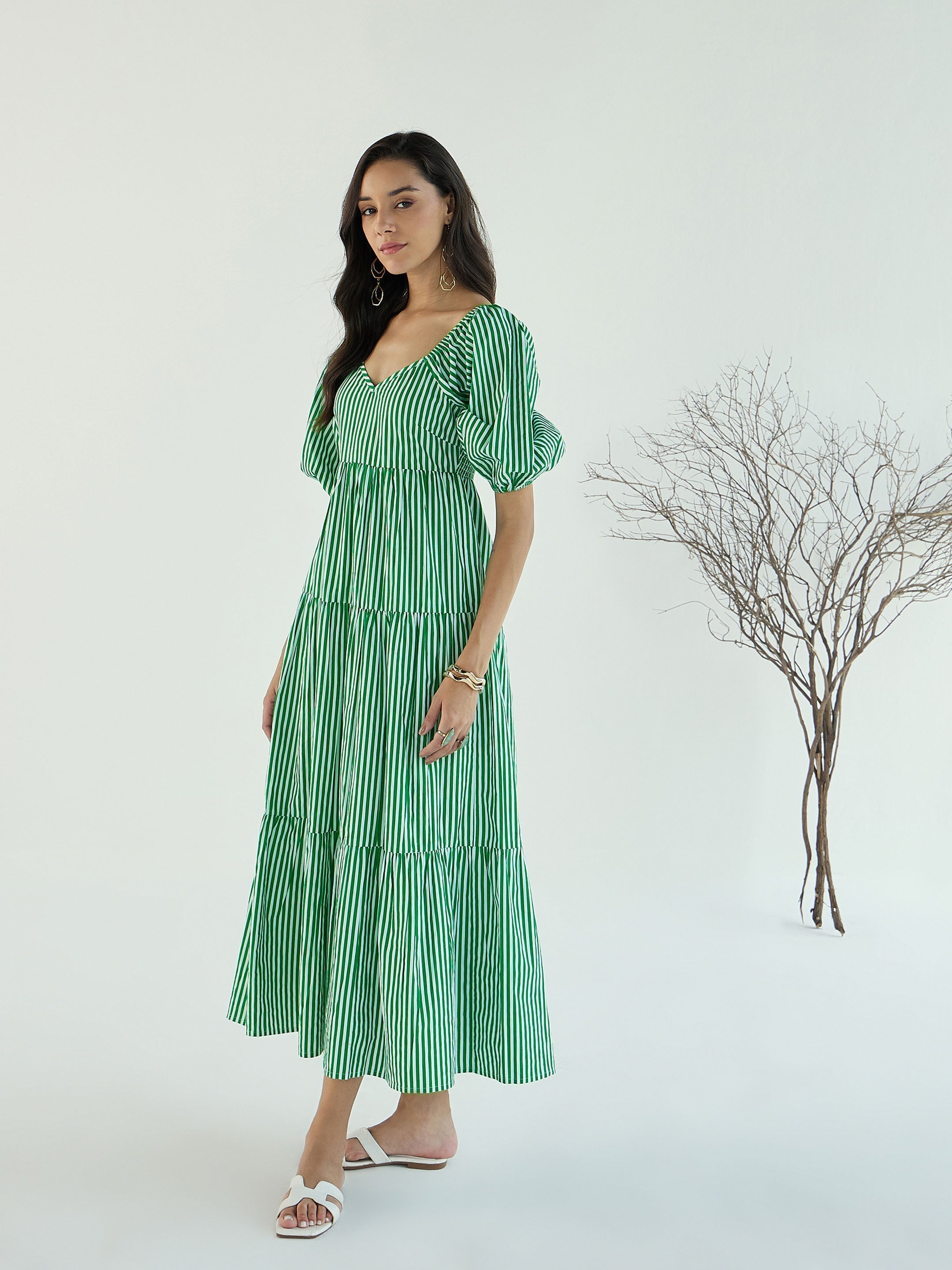 Women Green & White Stripe V-Neck Tiered Dress