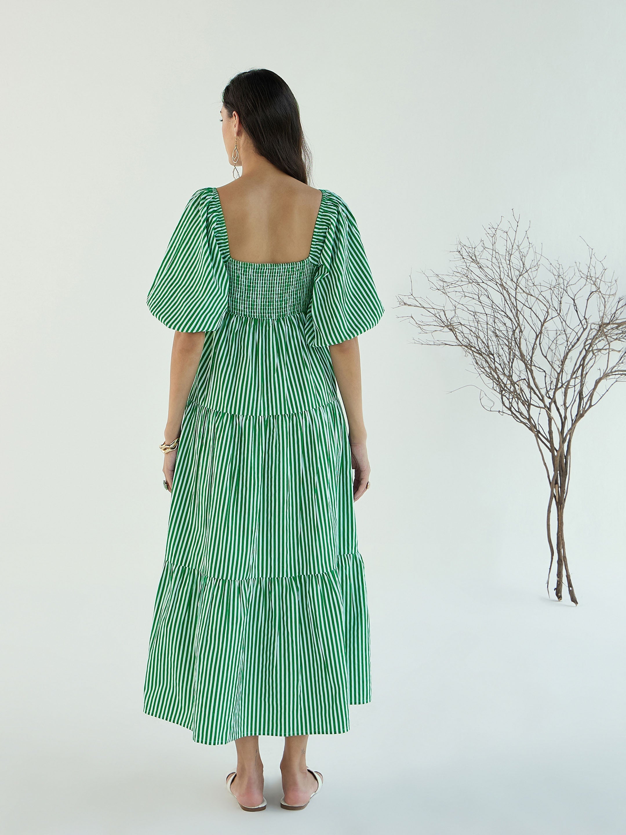 Women Green & White Stripe V-Neck Tiered Dress