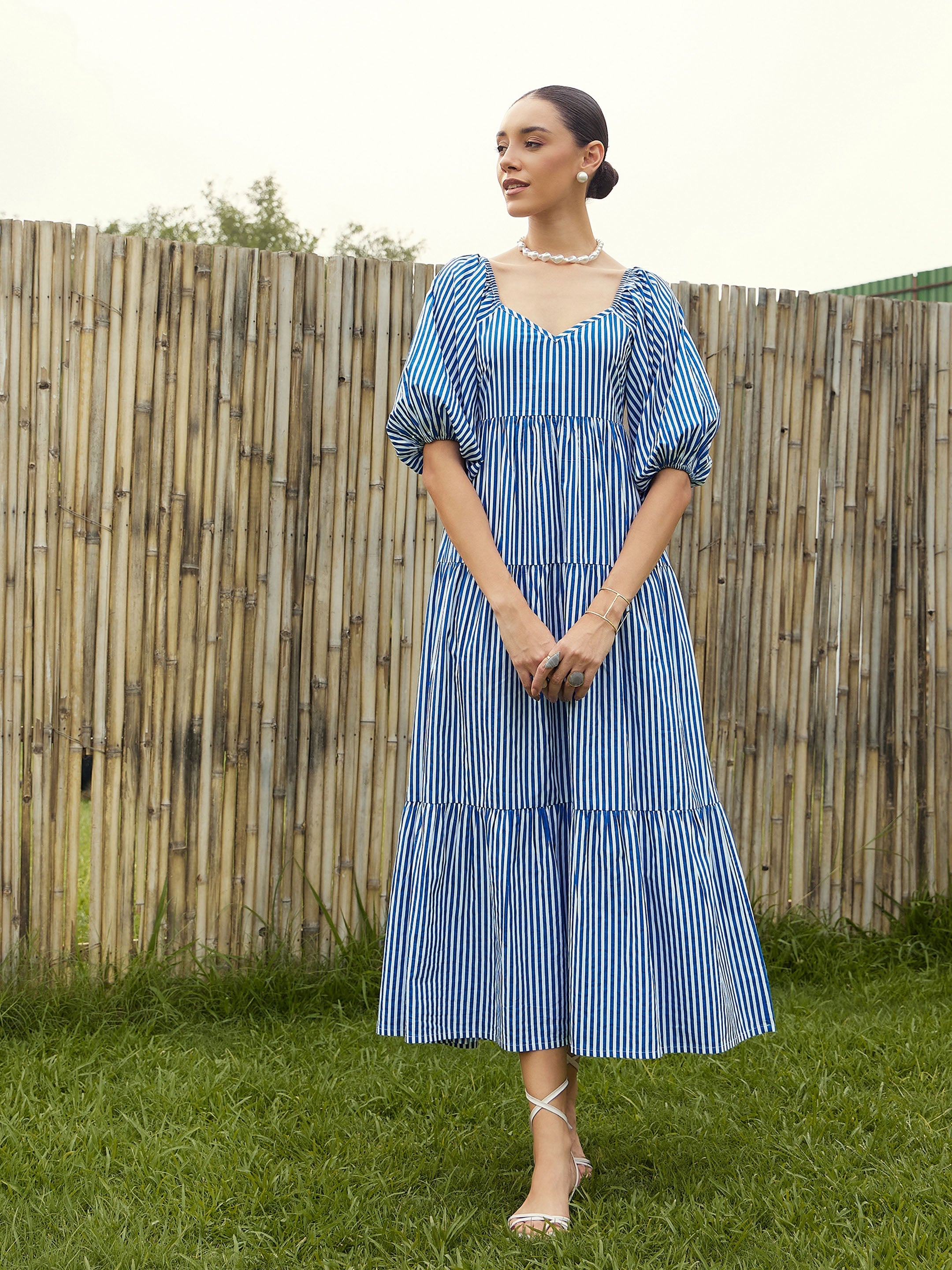 Women Blue & White Stripe V-Neck Tiered Dress