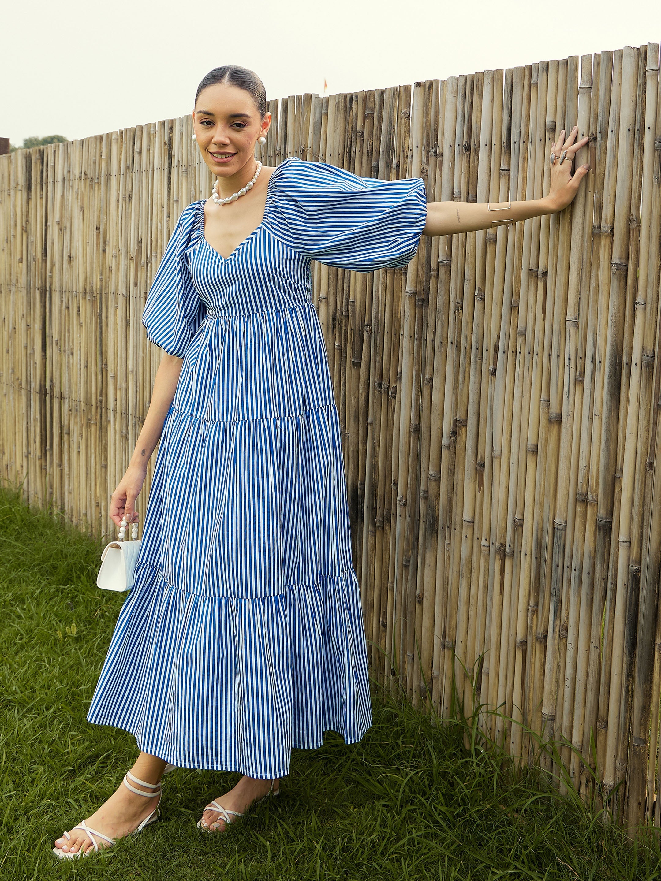 Women Blue & White Stripe V-Neck Tiered Dress